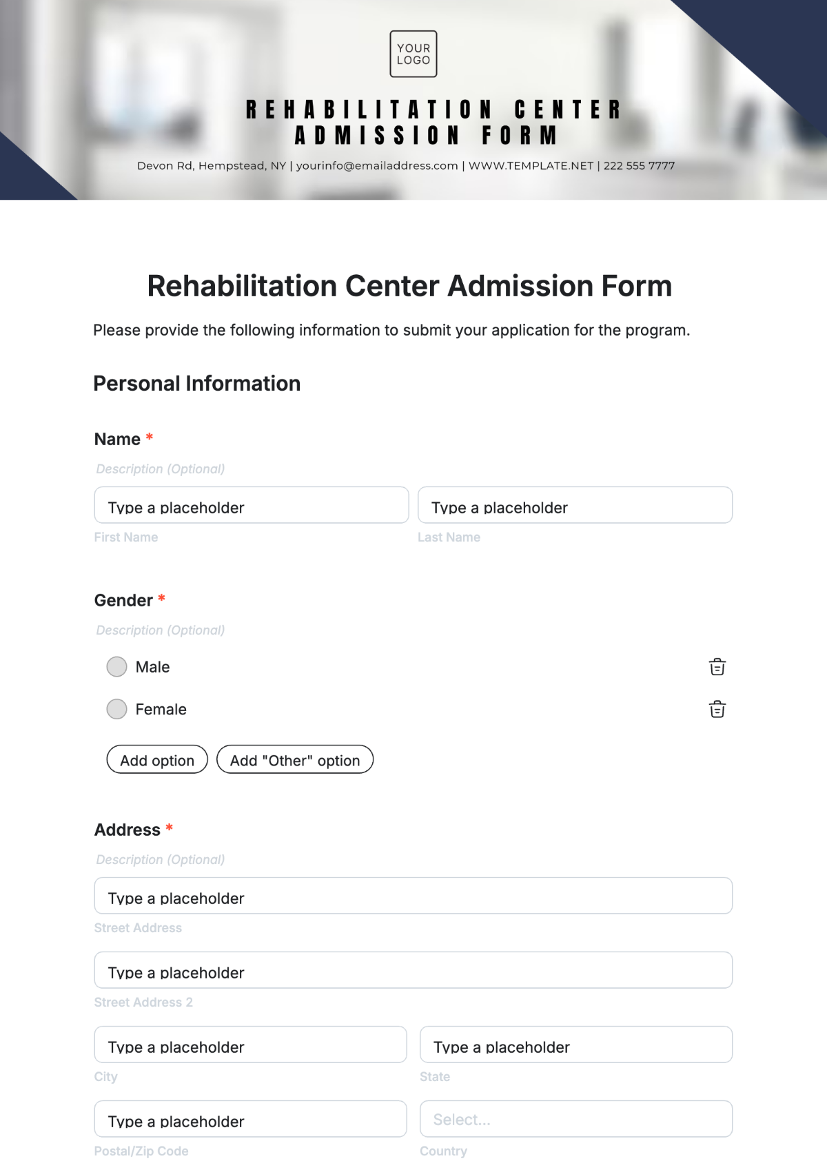 Rehabilitation Center Admission Form Template - Edit Online & Download