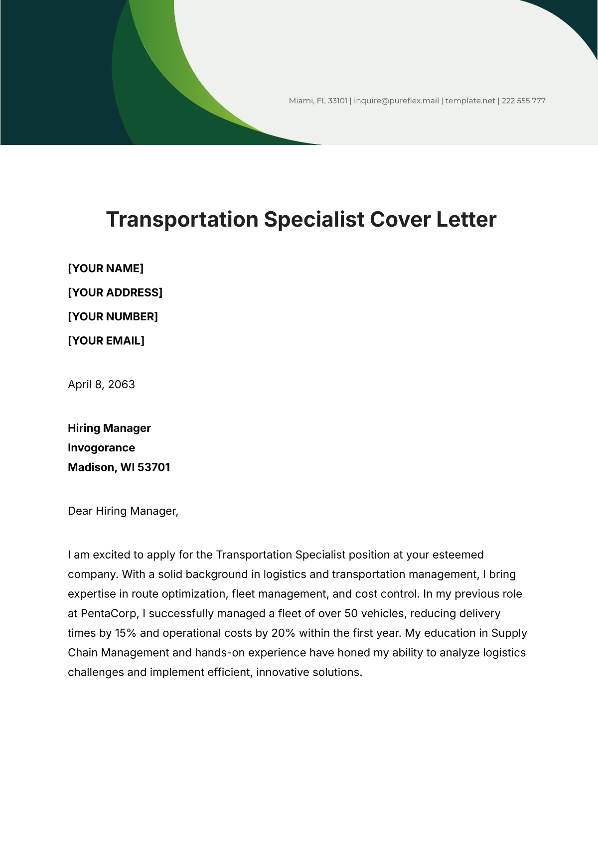 Transportation Specialist Cover Letter Template - Edit Online & Download