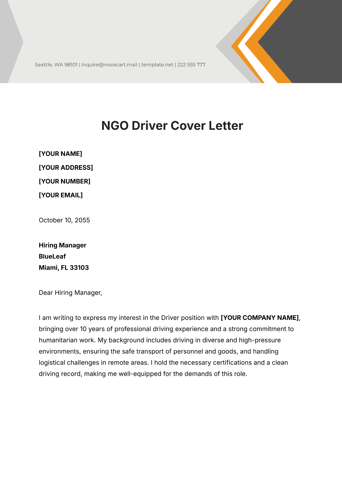 NGO Driver Cover Letter Template - Edit Online & Download