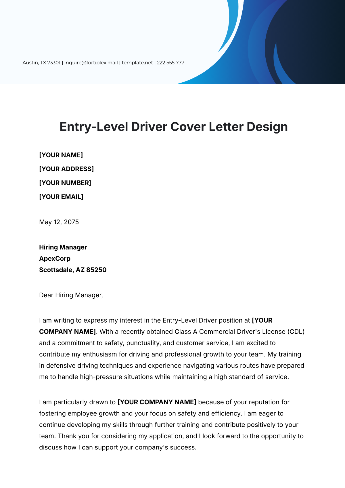 Entry-Level Driver Cover Letter Design Template - Edit Online & Download