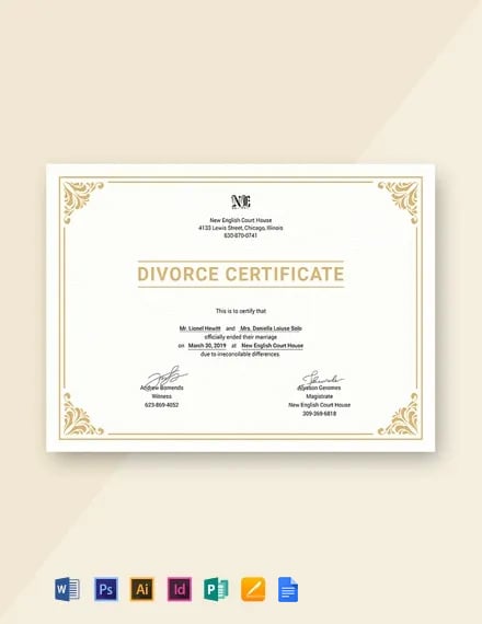 Divorce Certificate Template - Google Docs, Illustrator, InDesign, Word, Apple Pages, PSD, Publisher