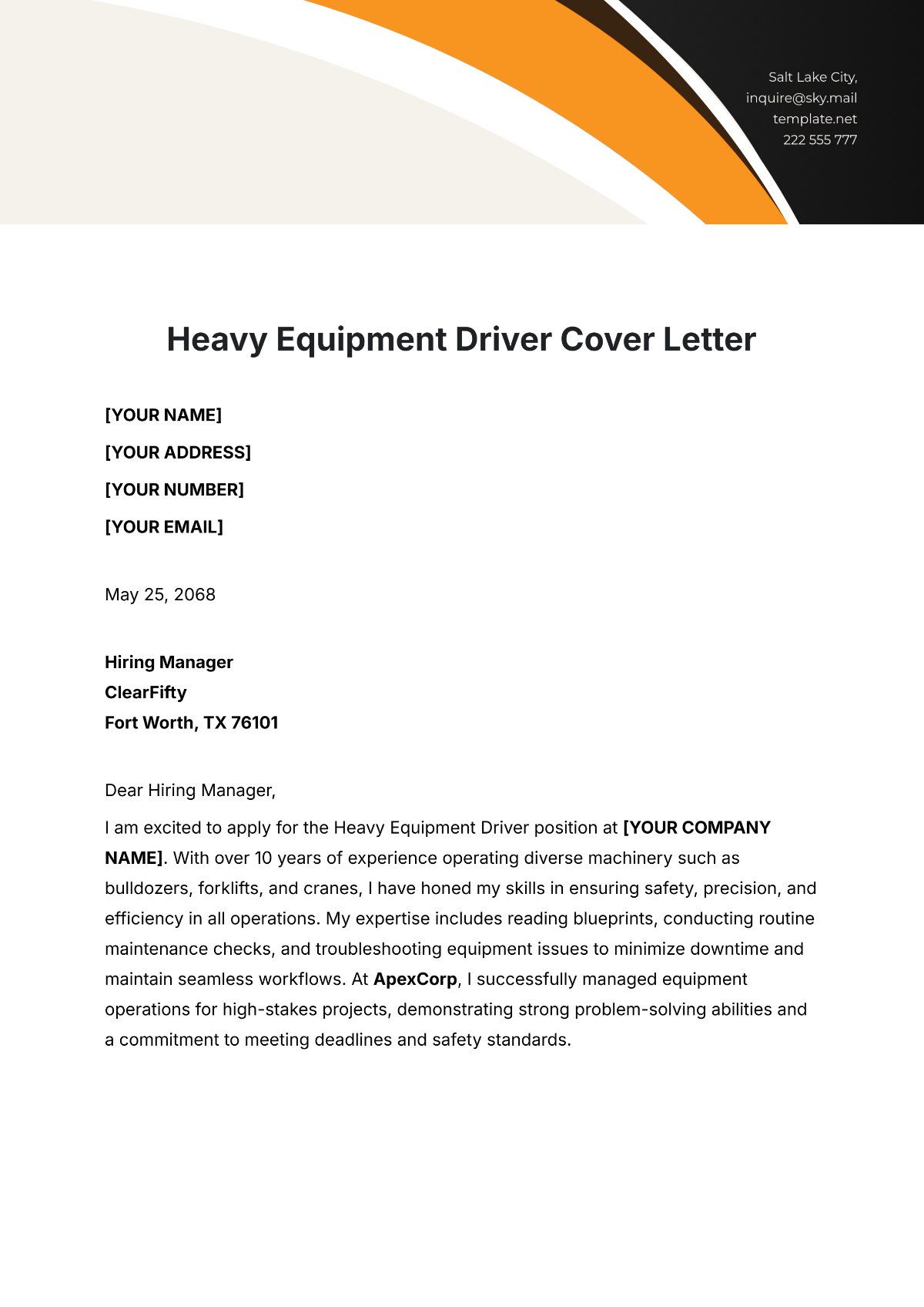 Heavy Equipment Driver Cover Letter Template - Edit Online & Download