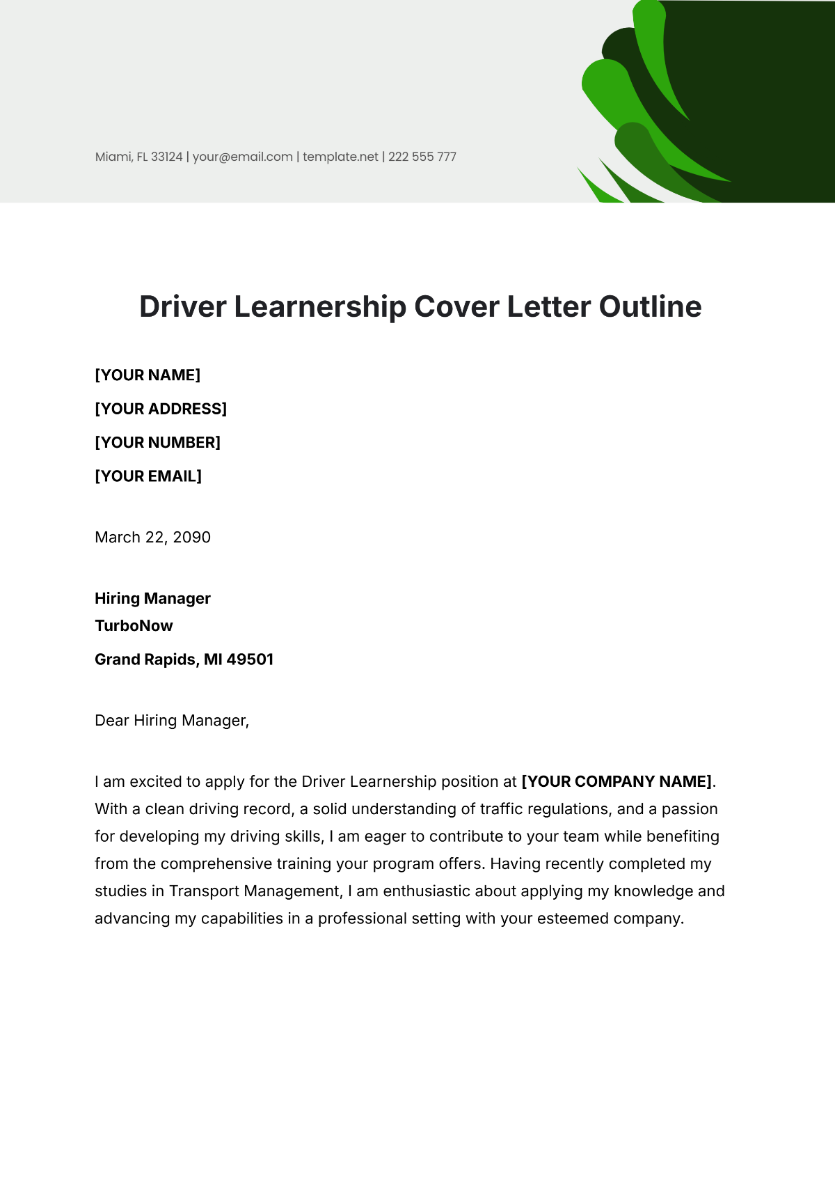 Driver Learnership Cover Letter Outline Template - Edit Online & Download