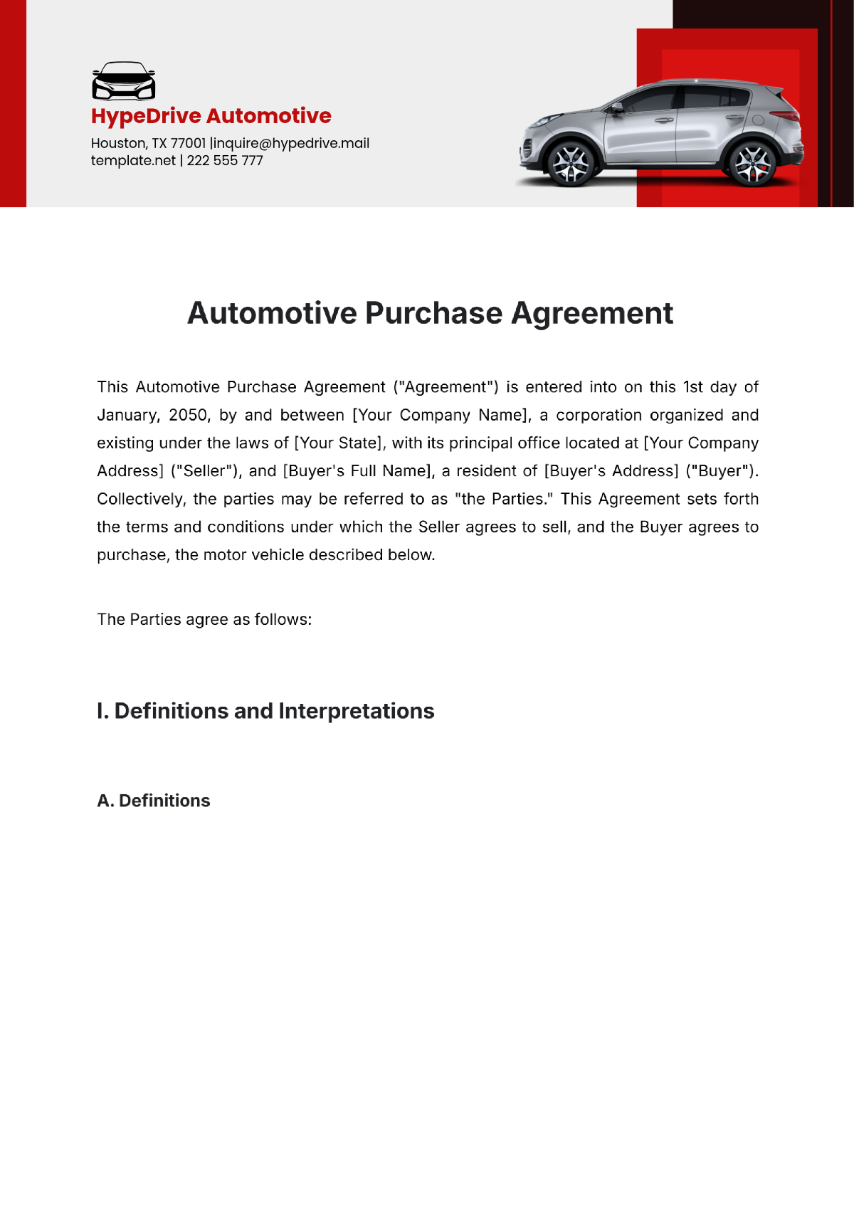 Automotive Purchase Agreement Template - Edit Online & Download