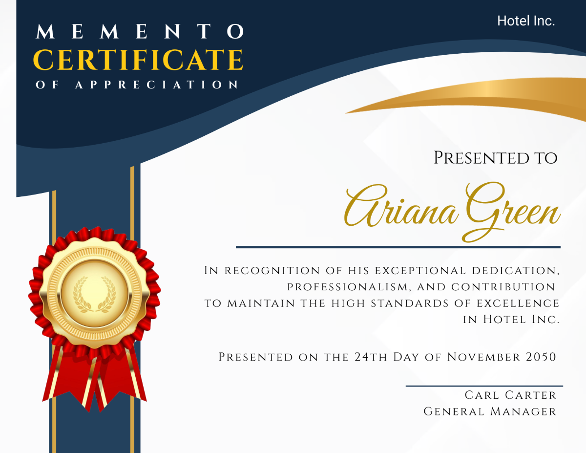 Hotel Staff Memento Certificate Template - Edit Online & Download