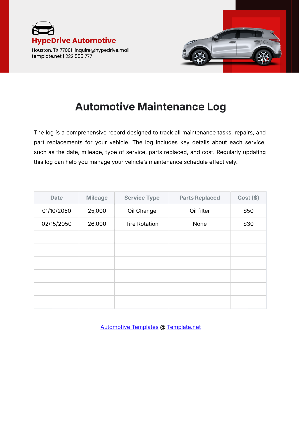 Automotive Maintenance Log Template - Edit Online & Download