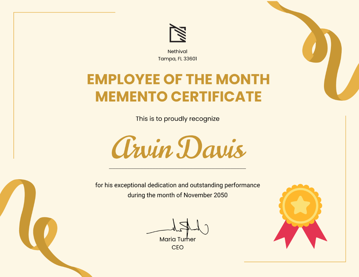 Employee of the Month Memento Certificate Template - Edit Online & Download