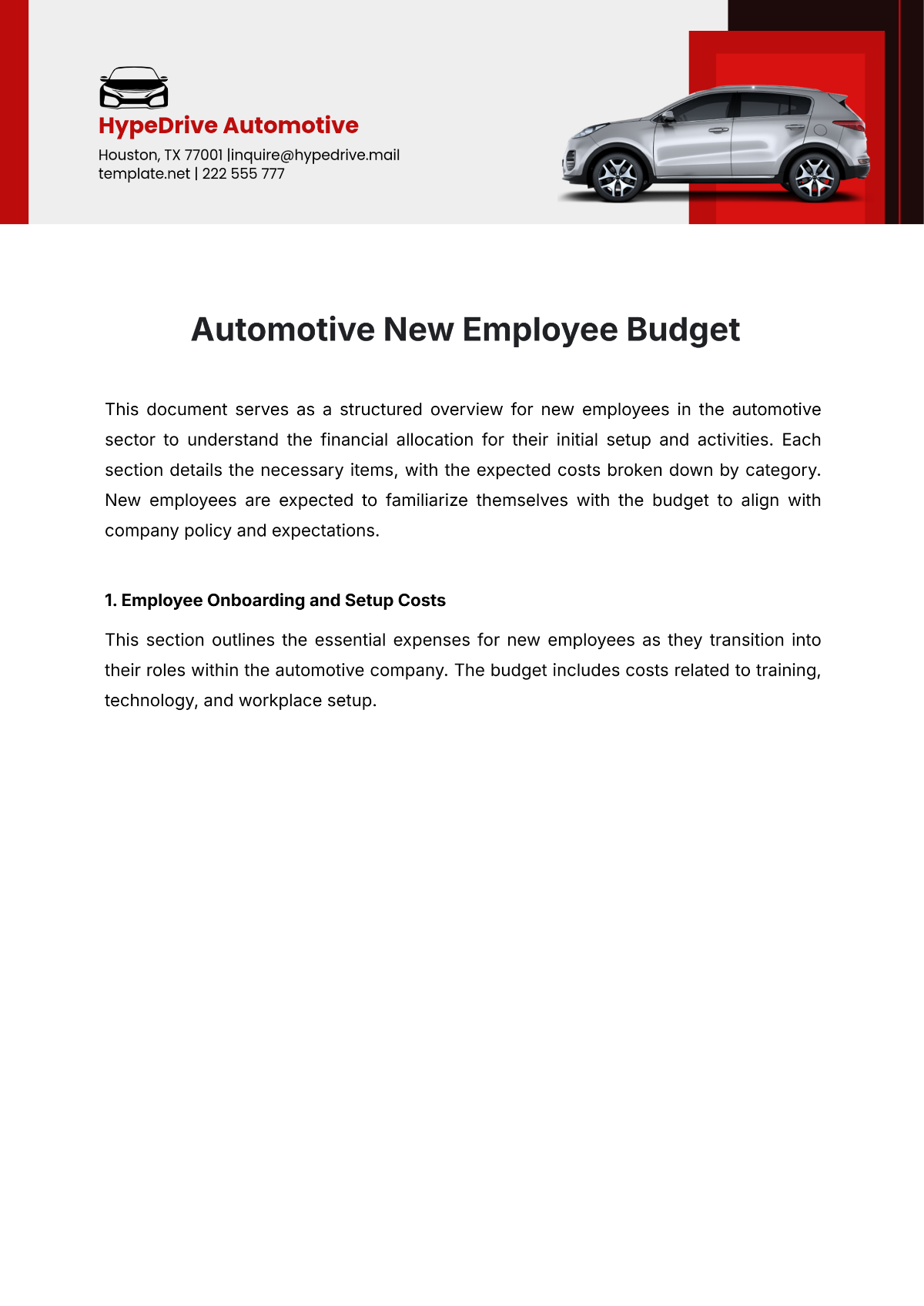 Automotive New Employee Budget Template - Edit Online & Download