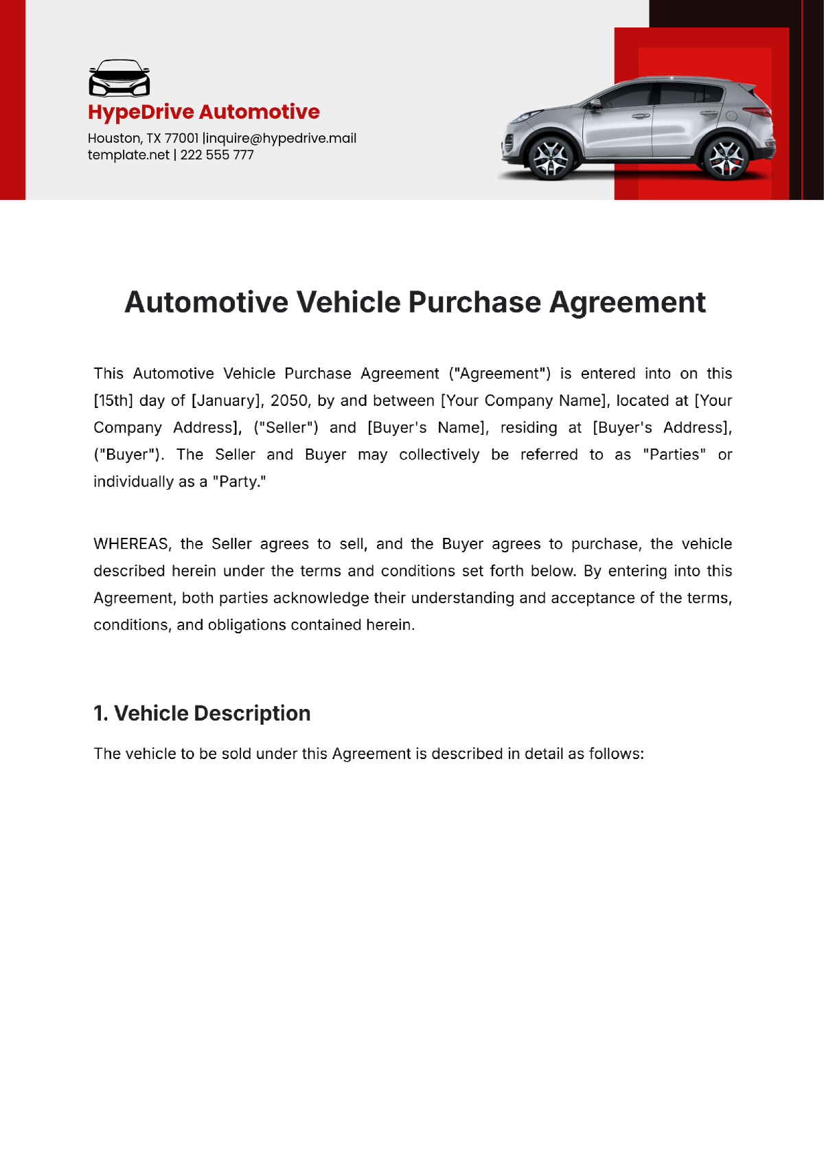 Automotive Vehicle Purchase Agreement Template - Edit Online & Download