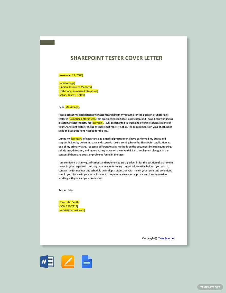 Sharepoint Tester Cover Letter in Word, Google Docs, Pages, PDF - Download | Template.net