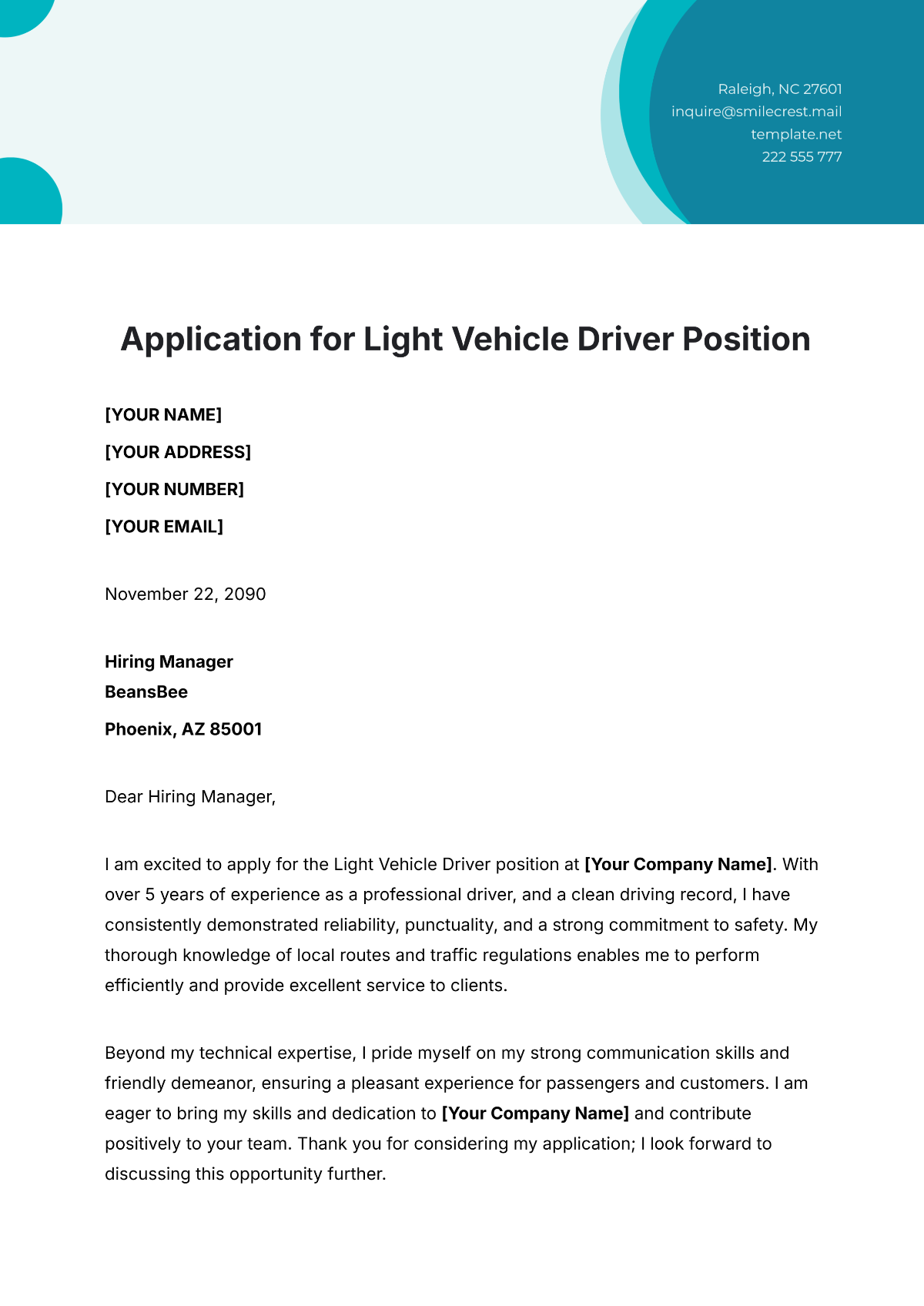 Application for Light Vehicle Driver Template - Edit Online & Download