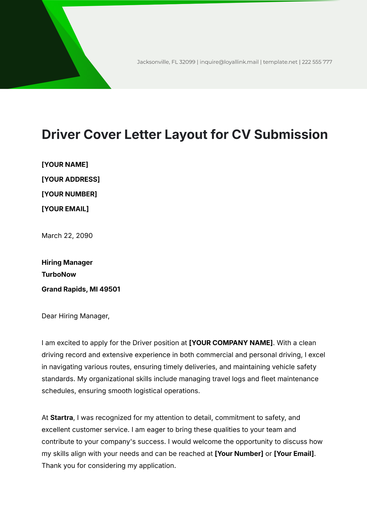 Driver Cover Letter Layout for CV Submission Template - Edit Online & Download