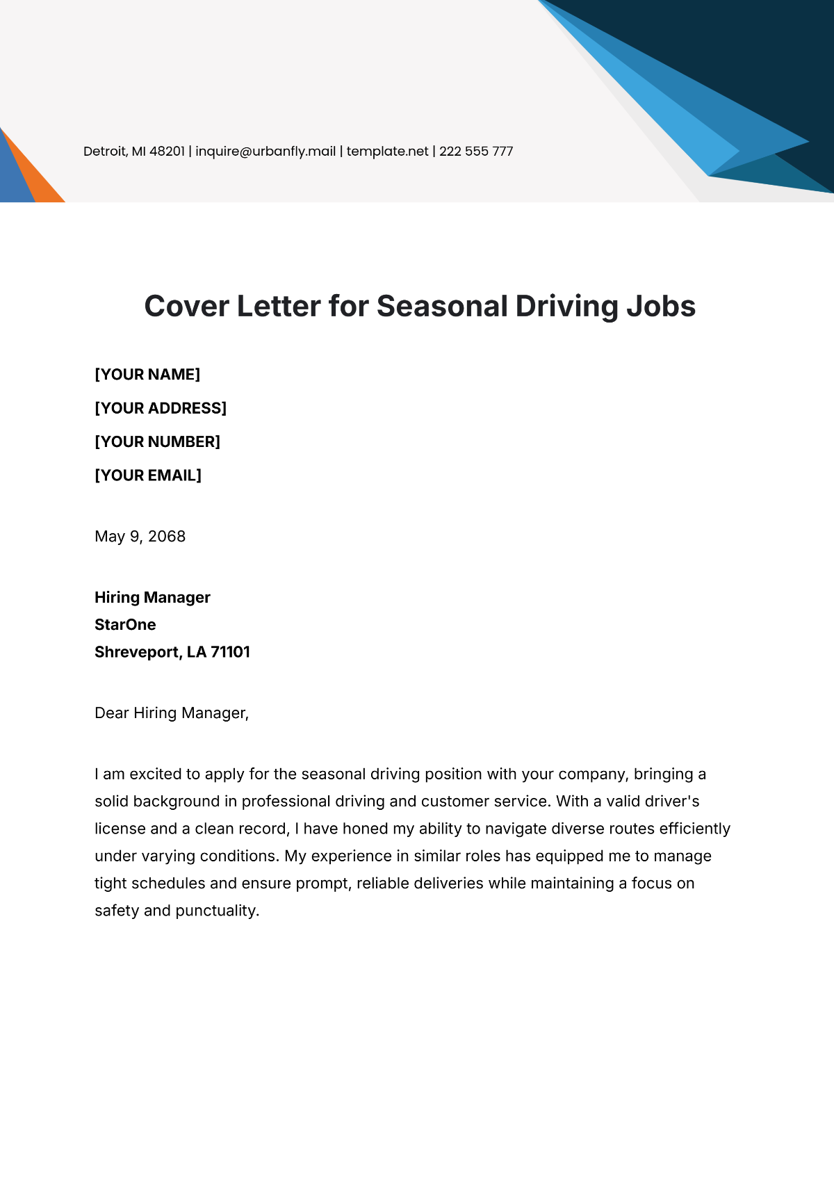 Cover Letter for Seasonal Driving Jobs Template - Edit Online & Download