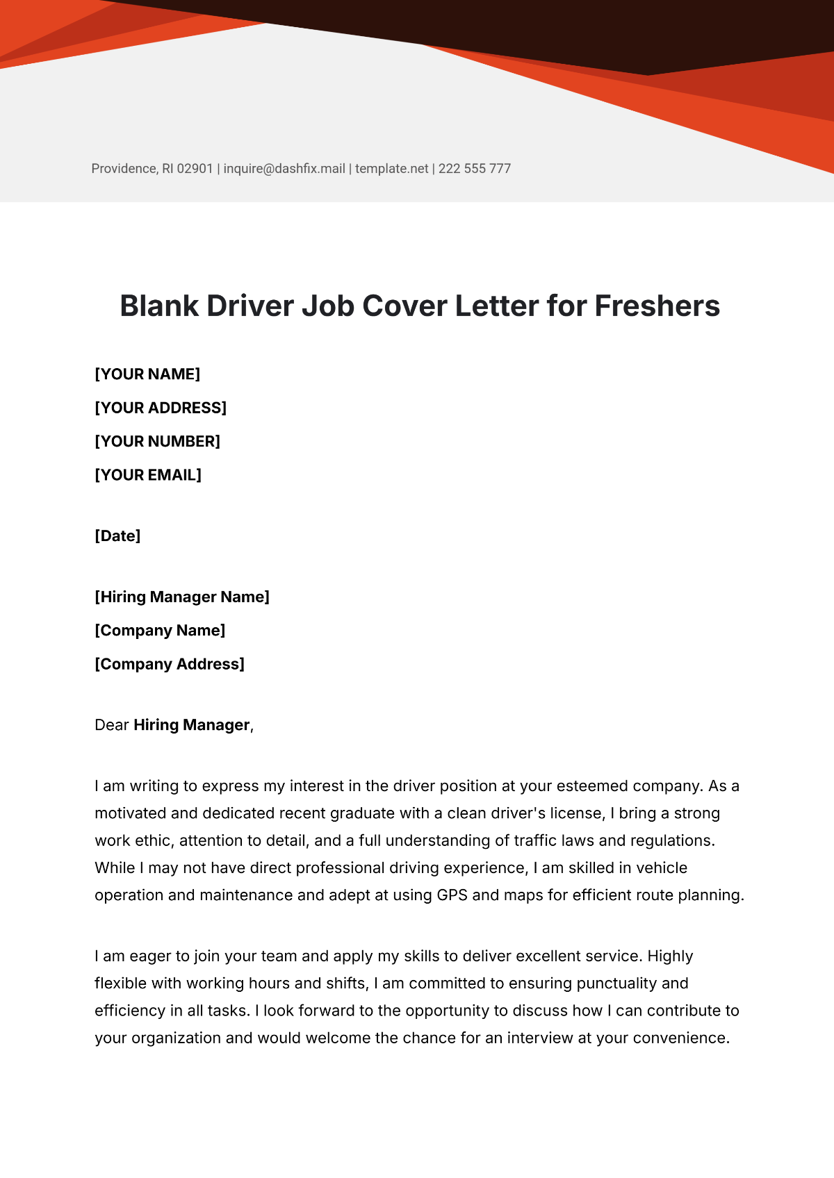 Blank Driver Job Cover Letter for Freshers Template - Edit Online & Download