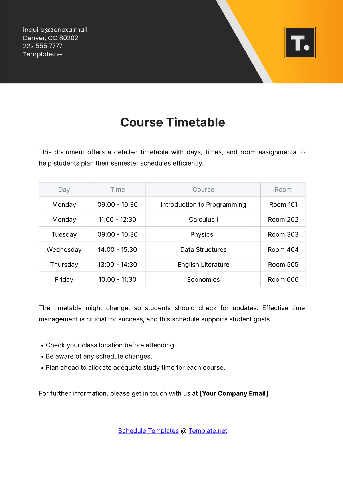 Course Timetable Template - Edit Online & Download