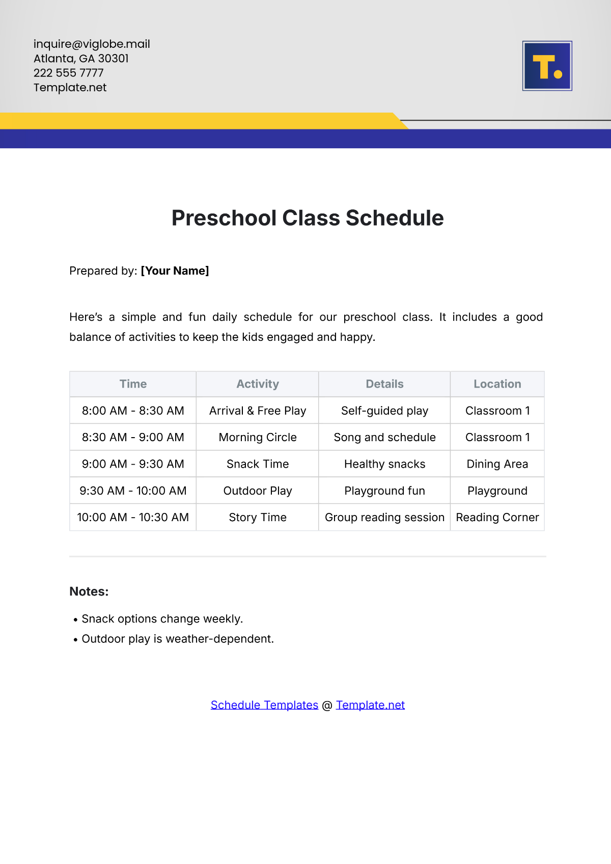 Preschool Class Schedule Template - Edit Online & Download