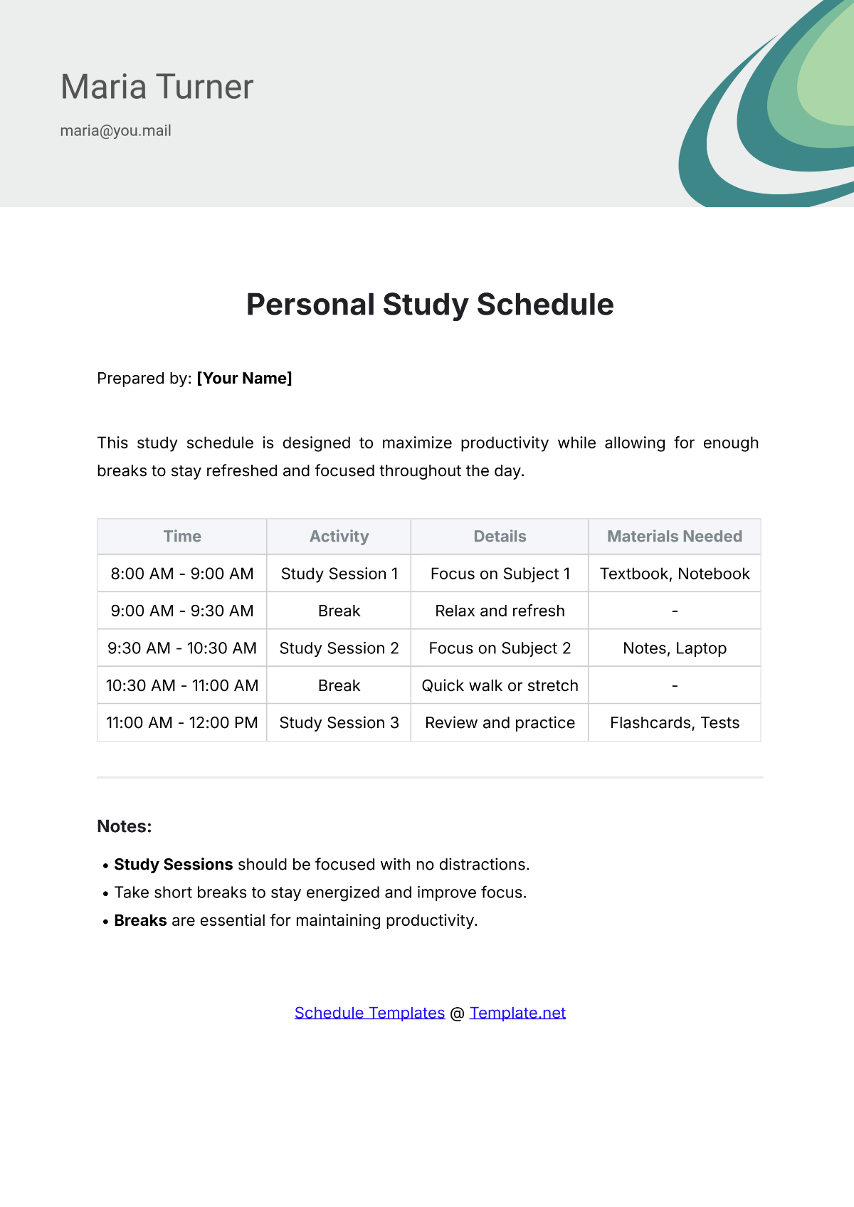 Personal Study Schedule Template - Edit Online & Download