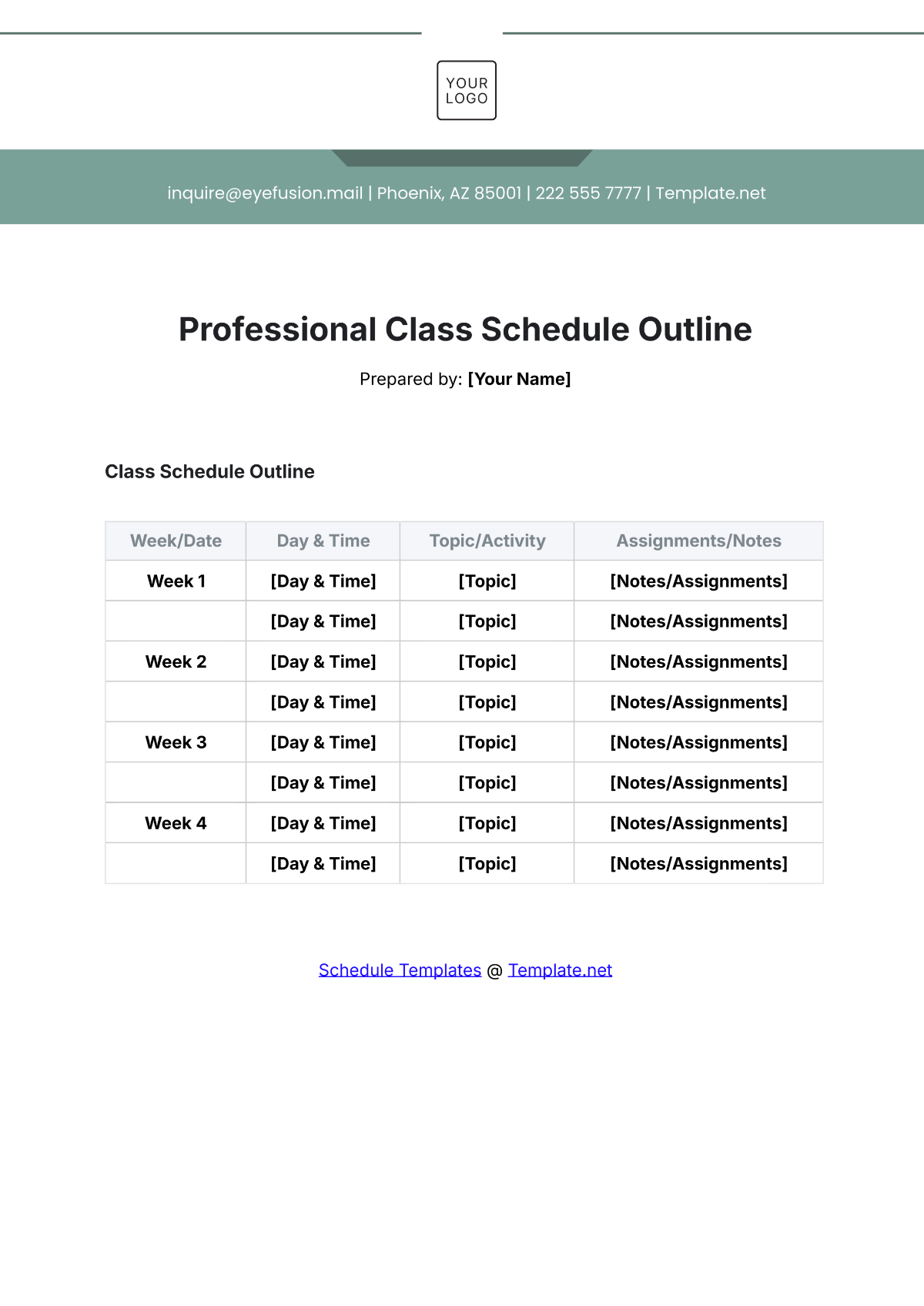 Professional Class Schedule Outline Template - Edit Online & Download