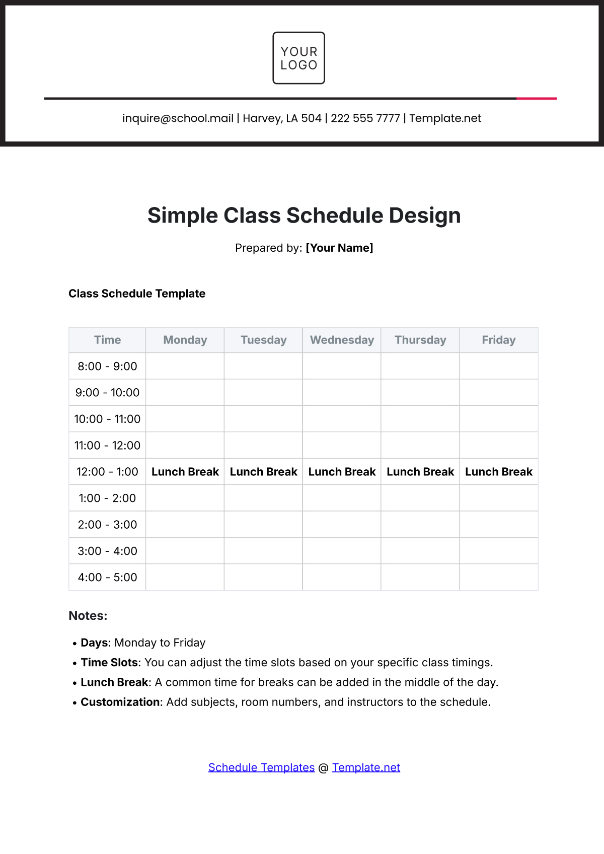 Simple Class Schedule Design Template - Edit Online & Download