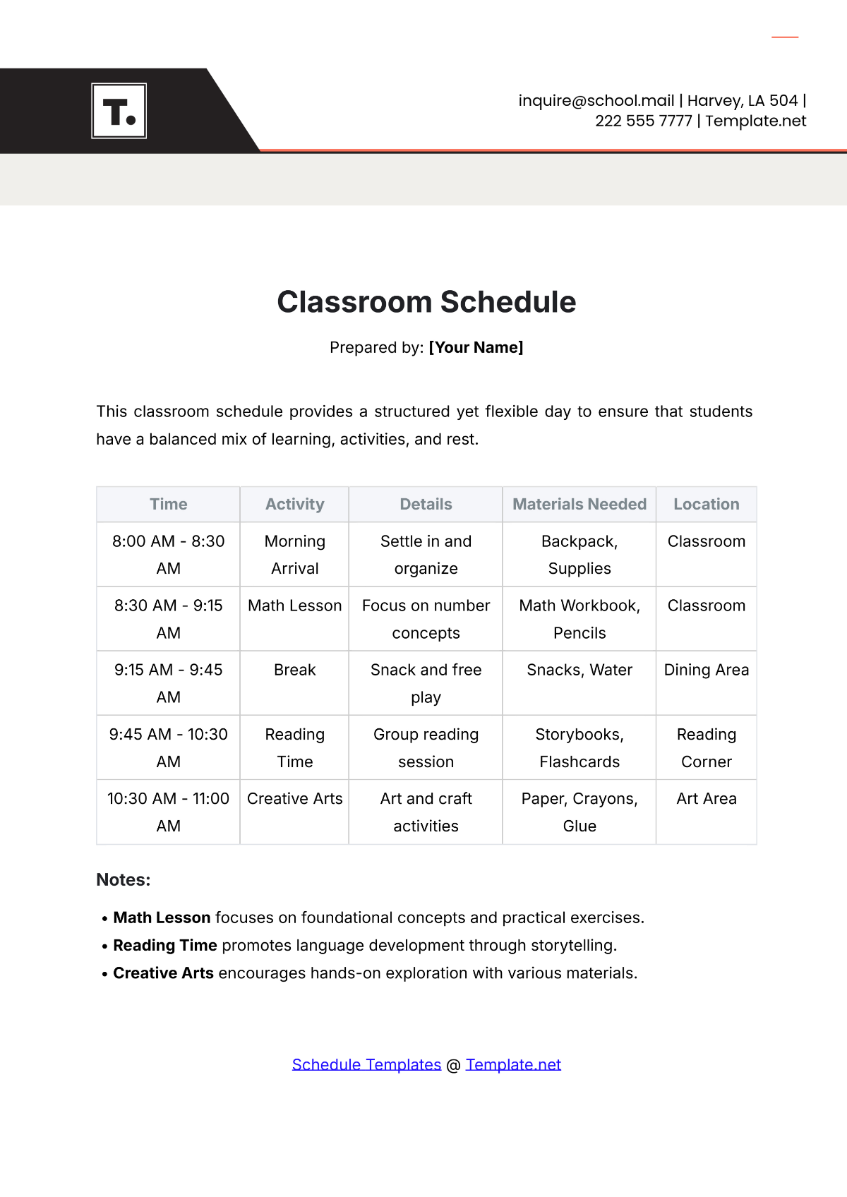 Template for Classroom Schedule - Edit Online & Download