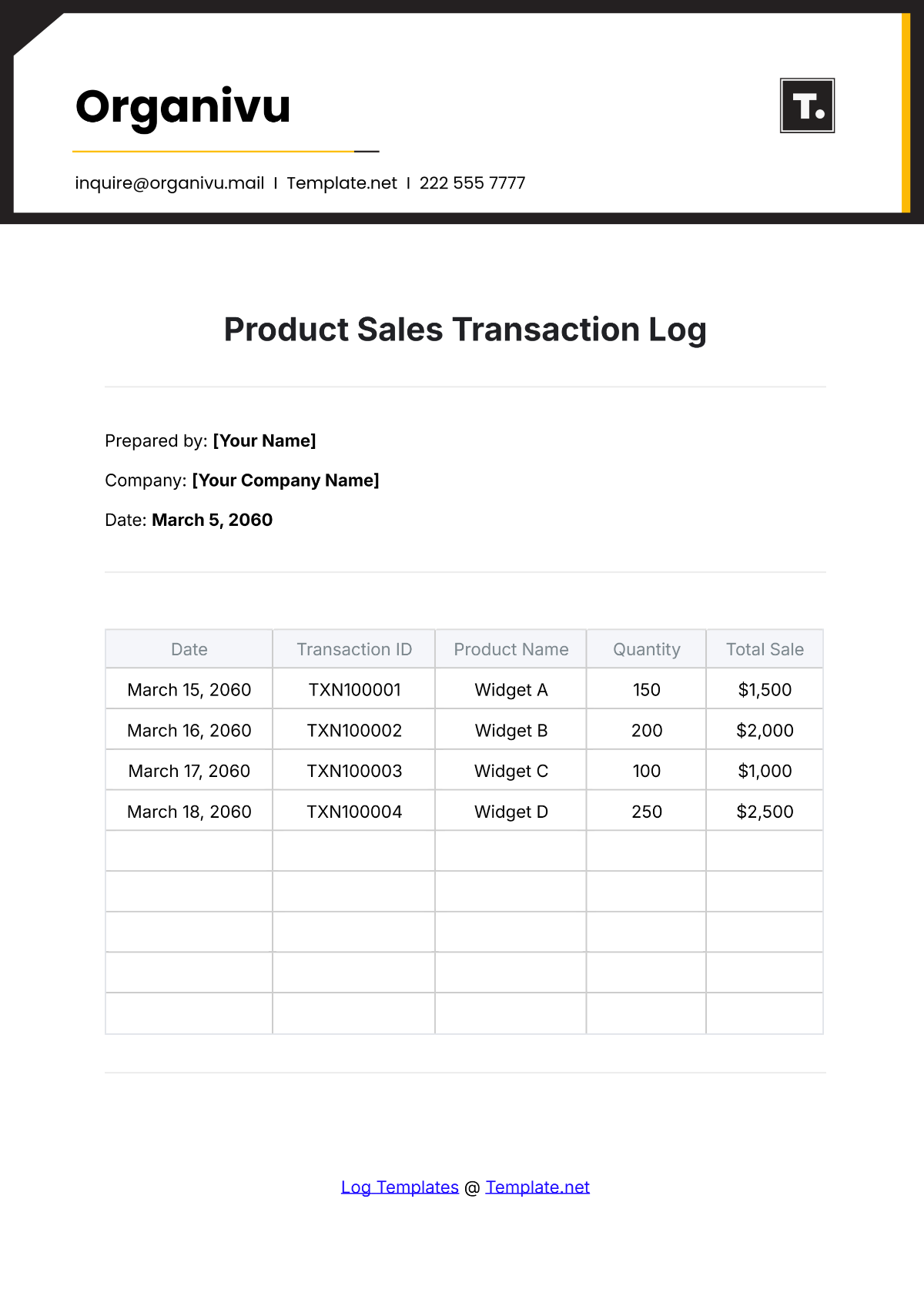 Product Sales Transaction Log Template - Edit Online & Download