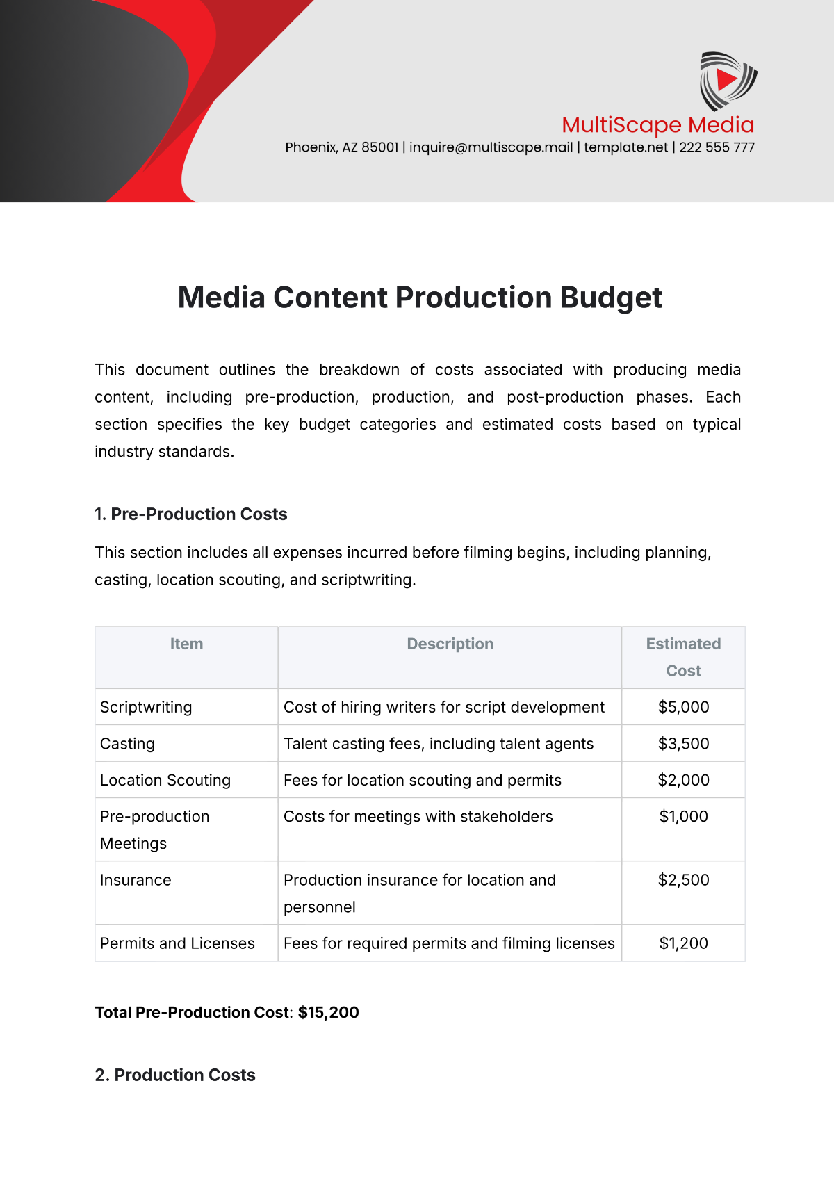 Media Content Production Budget Template - Edit Online & Download