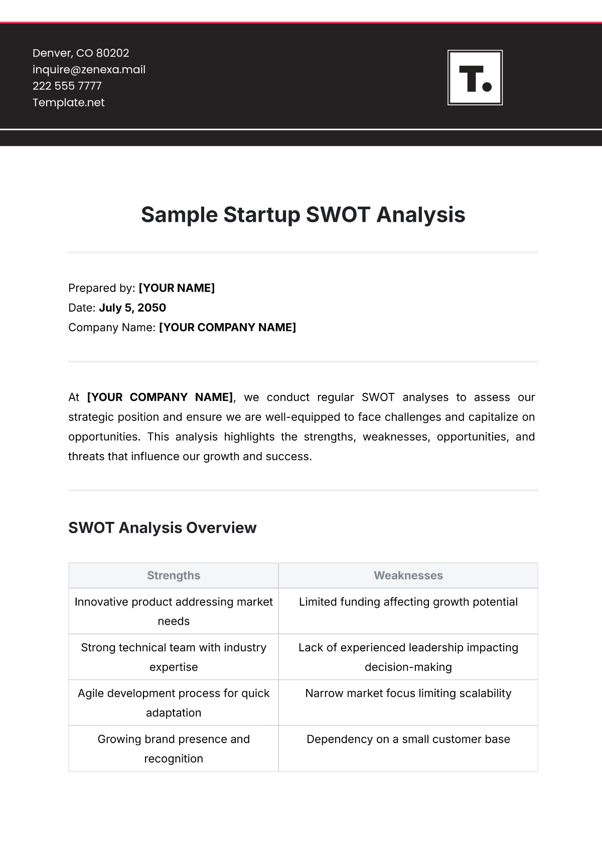 Sample Startup SWOT Analysis Template - Edit Online & Download