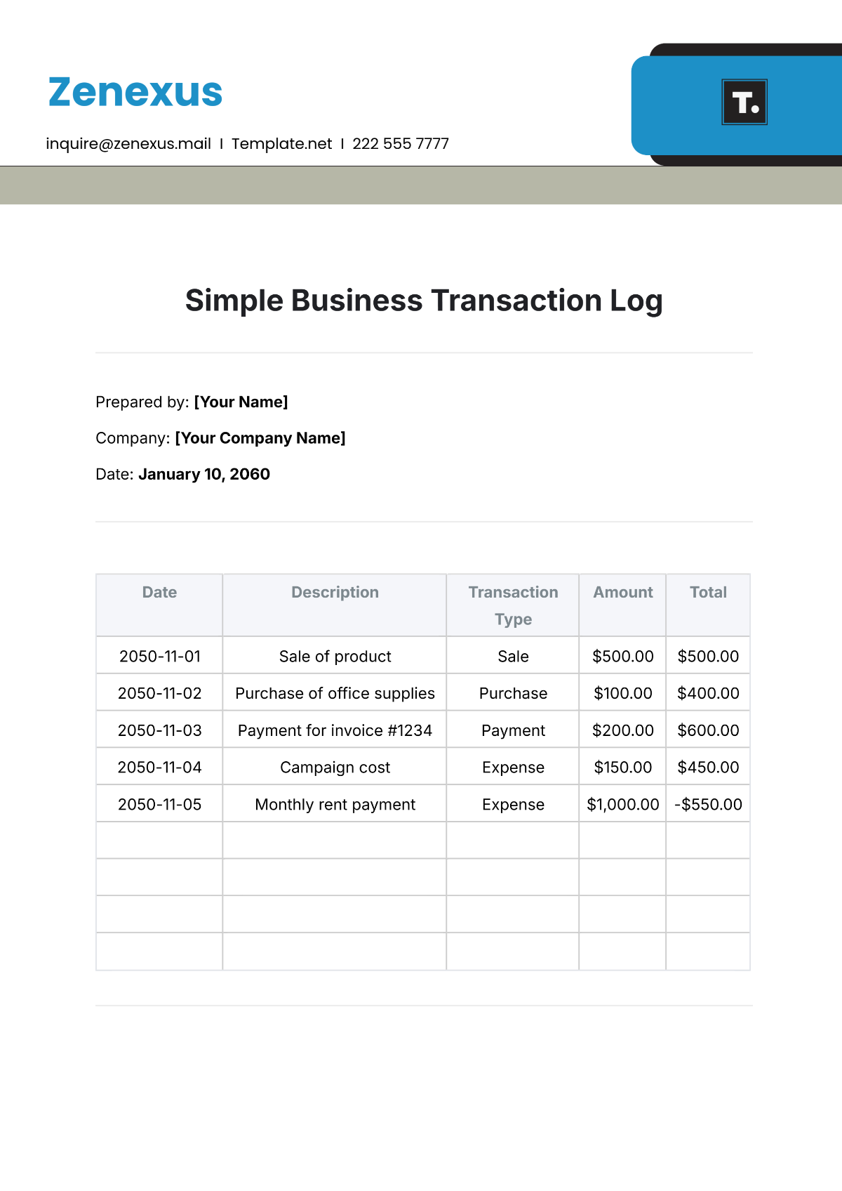 Simple Business Transaction Log Template - Edit Online & Download