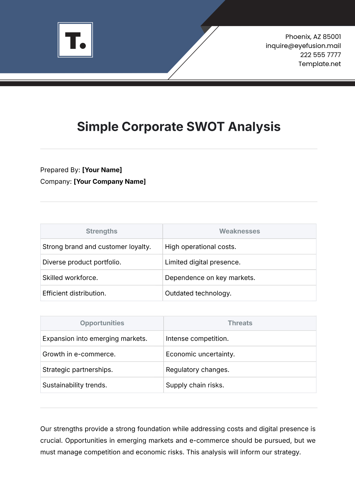 Simple Corporate SWOT Analysis Template - Edit Online & Download