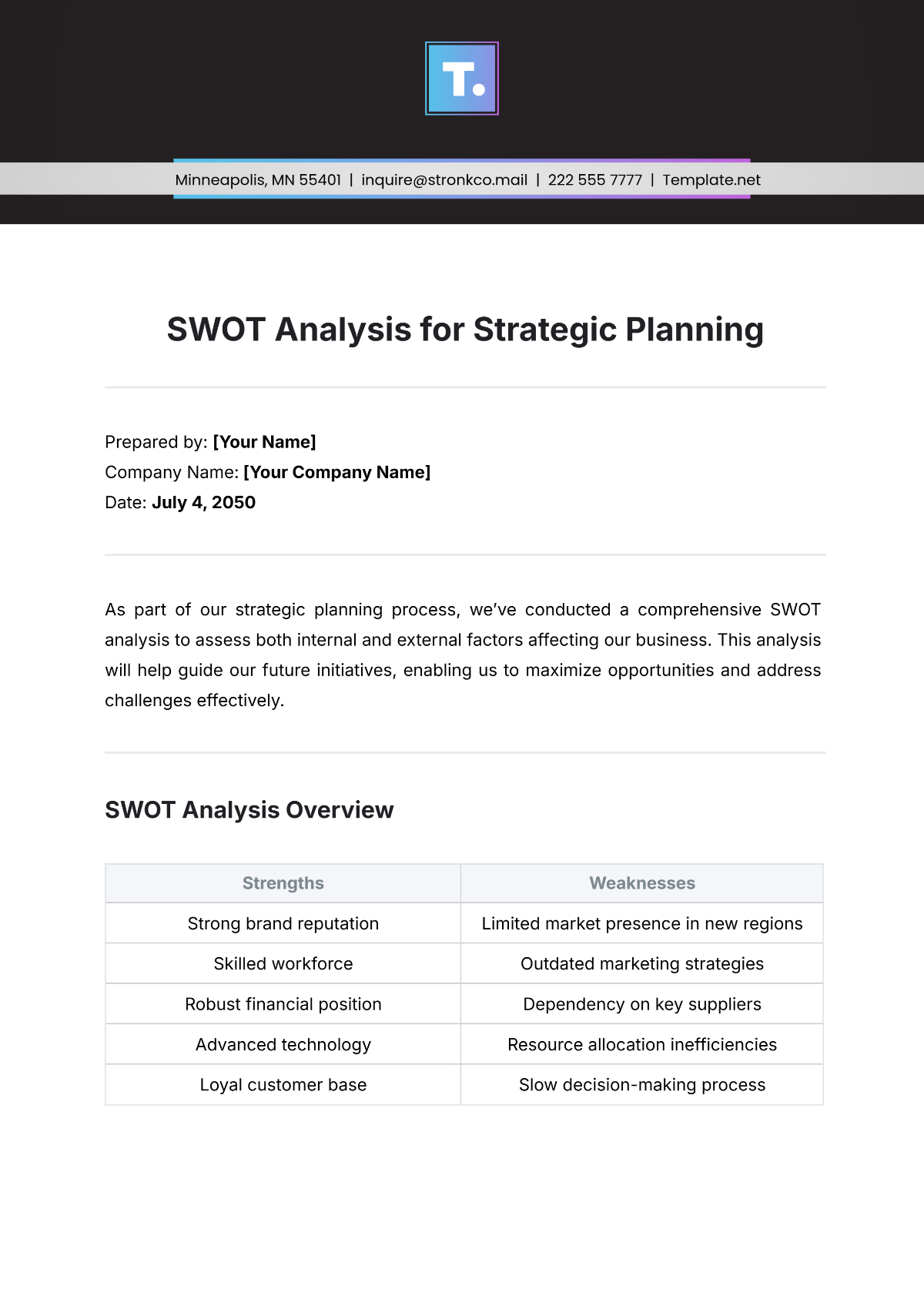 SWOT Analysis for Strategic Planning Template - Edit Online & Download