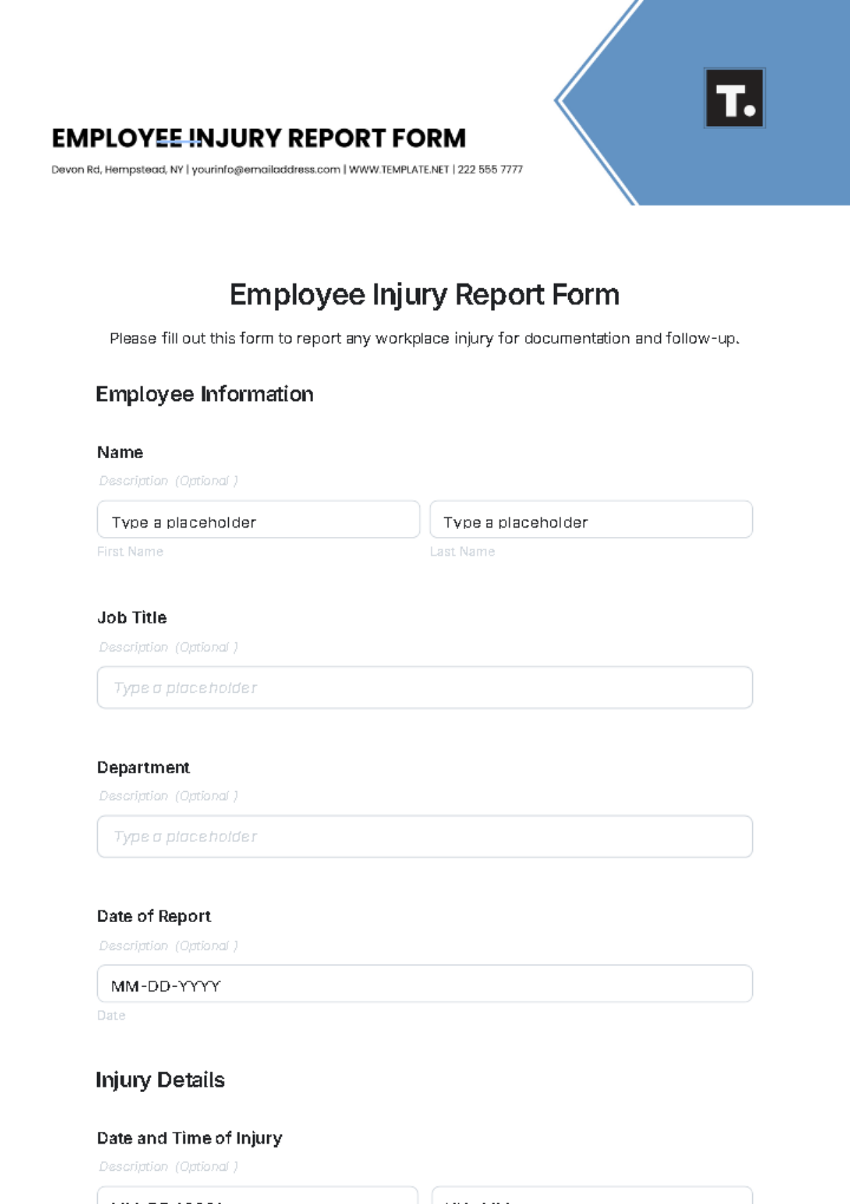 Employee Injury Report Form Template - Edit Online & Download