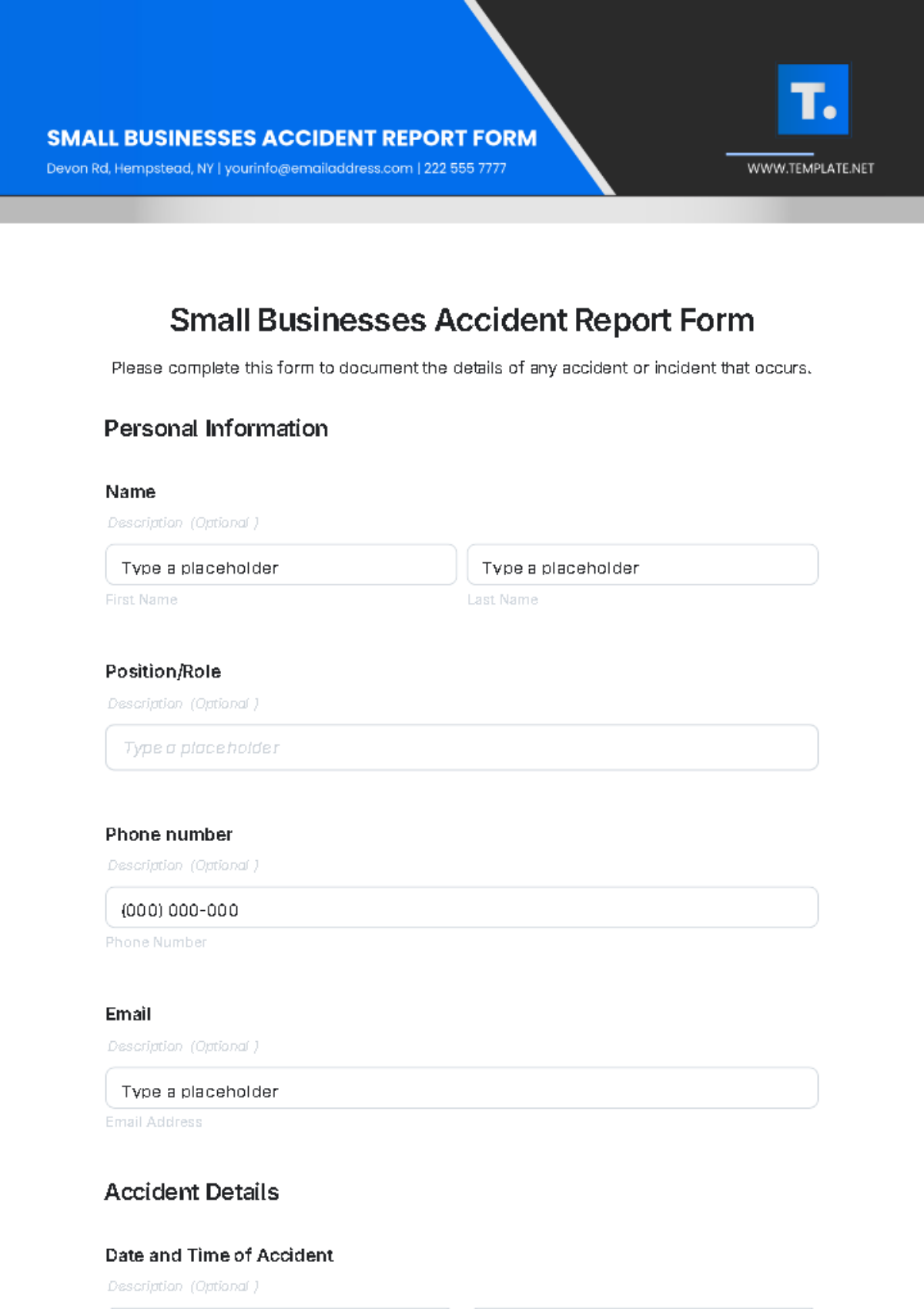 Small Businesses Accident Report Form Template - Edit Online & Download