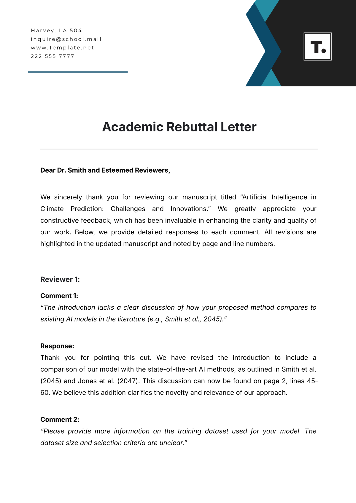 Academic Rebuttal Letter Template - Edit Online & Download