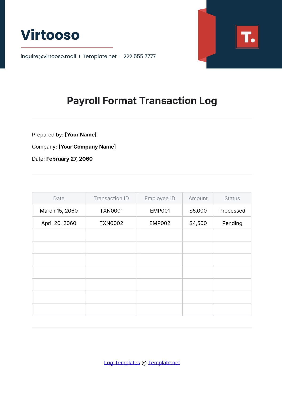 Payroll Format Transaction Log Template - Edit Online & Download