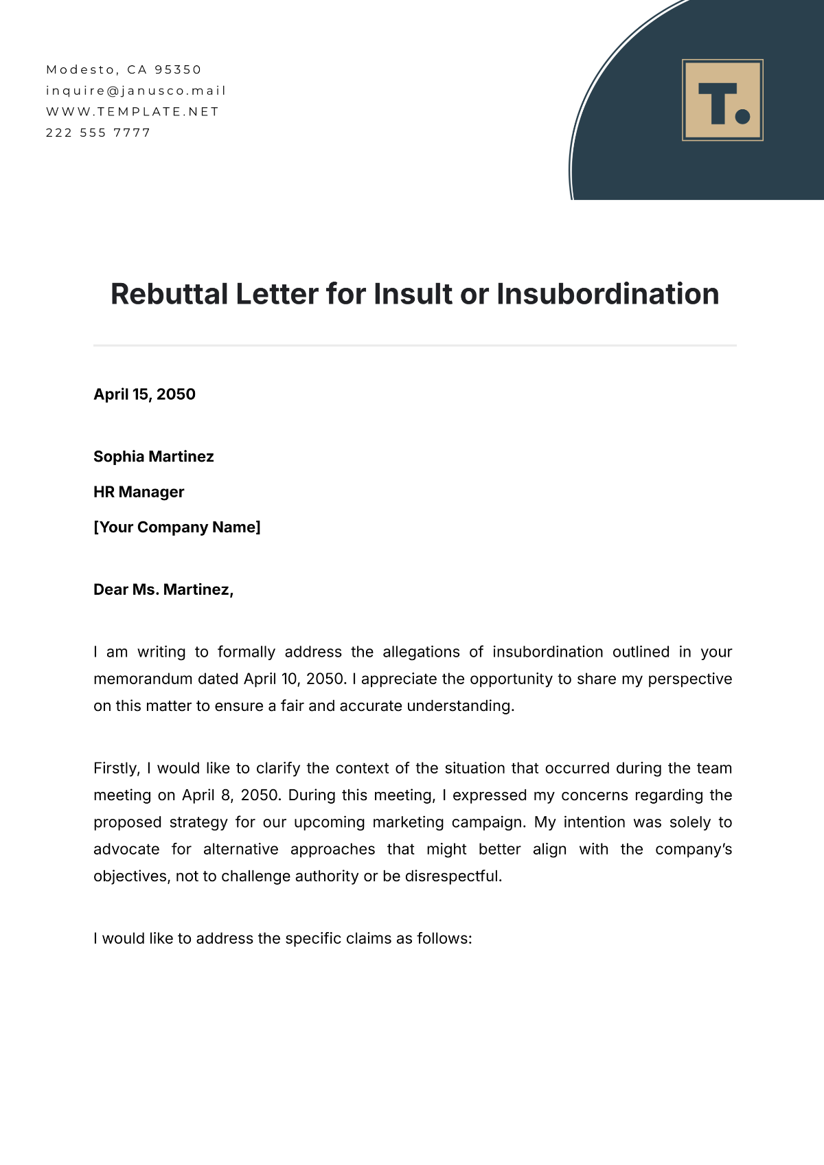 Rebuttal Letter for Insult or Insubordination Template - Edit Online & Download