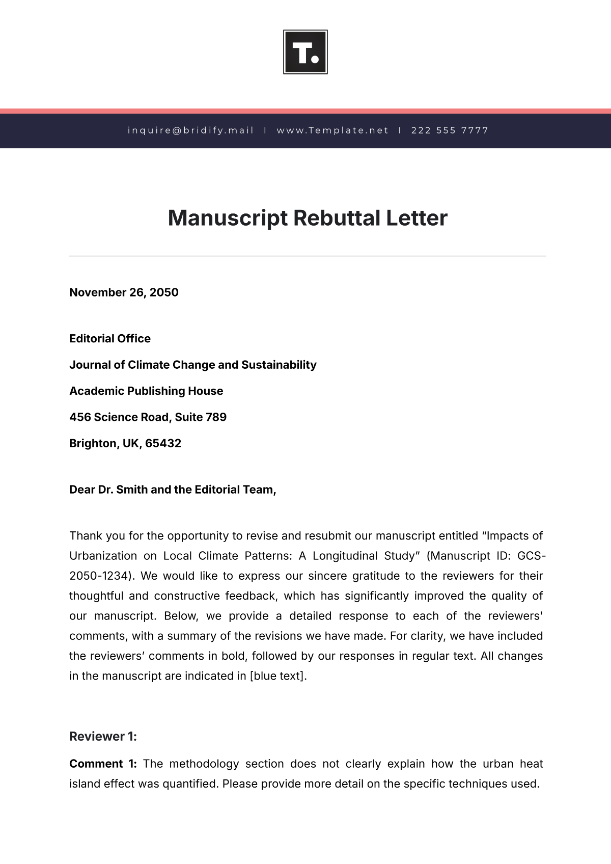 Manuscript Rebuttal Letter Template - Edit Online & Download