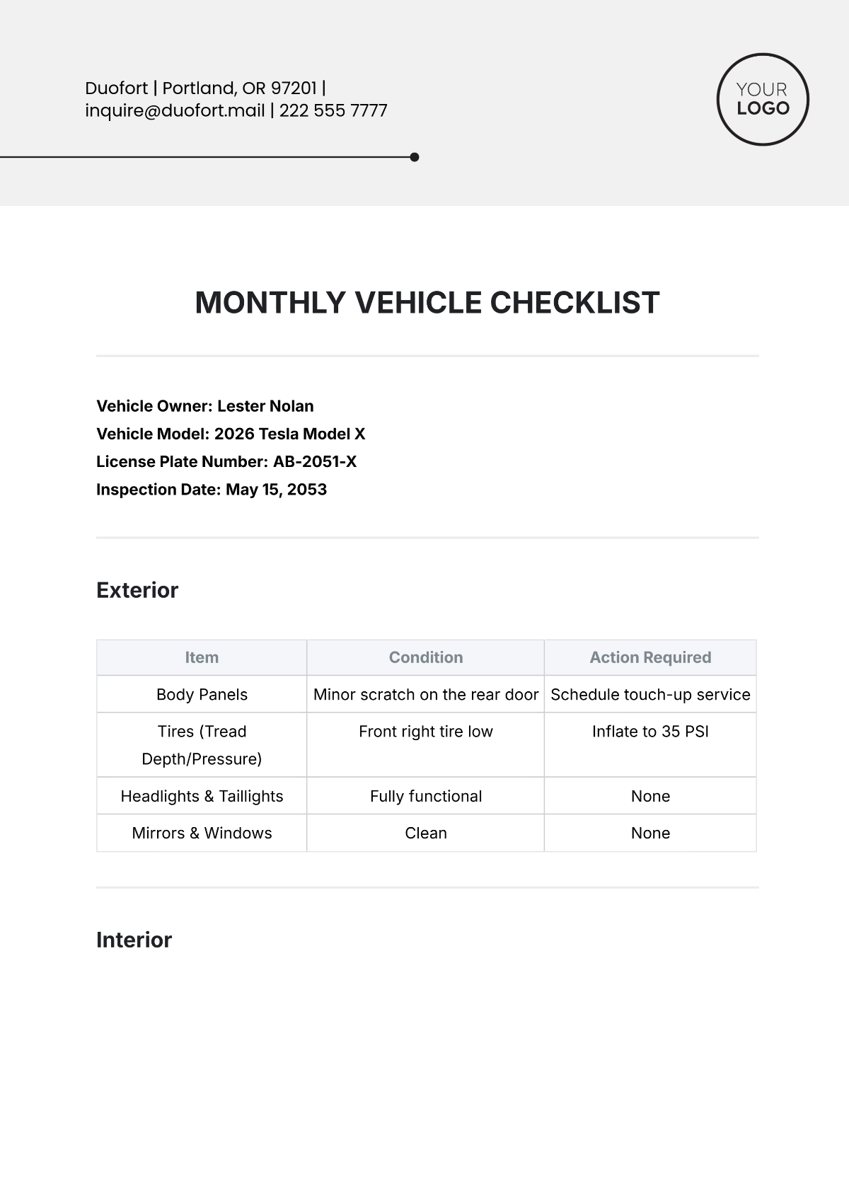 Monthly Vehicle Checklist Template - Edit Online & Download