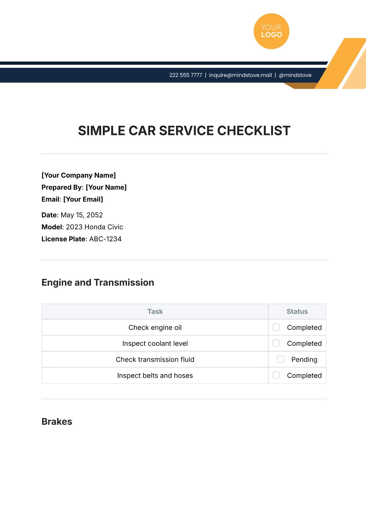 Simple Car Service Checklist Template - Edit Online & Download