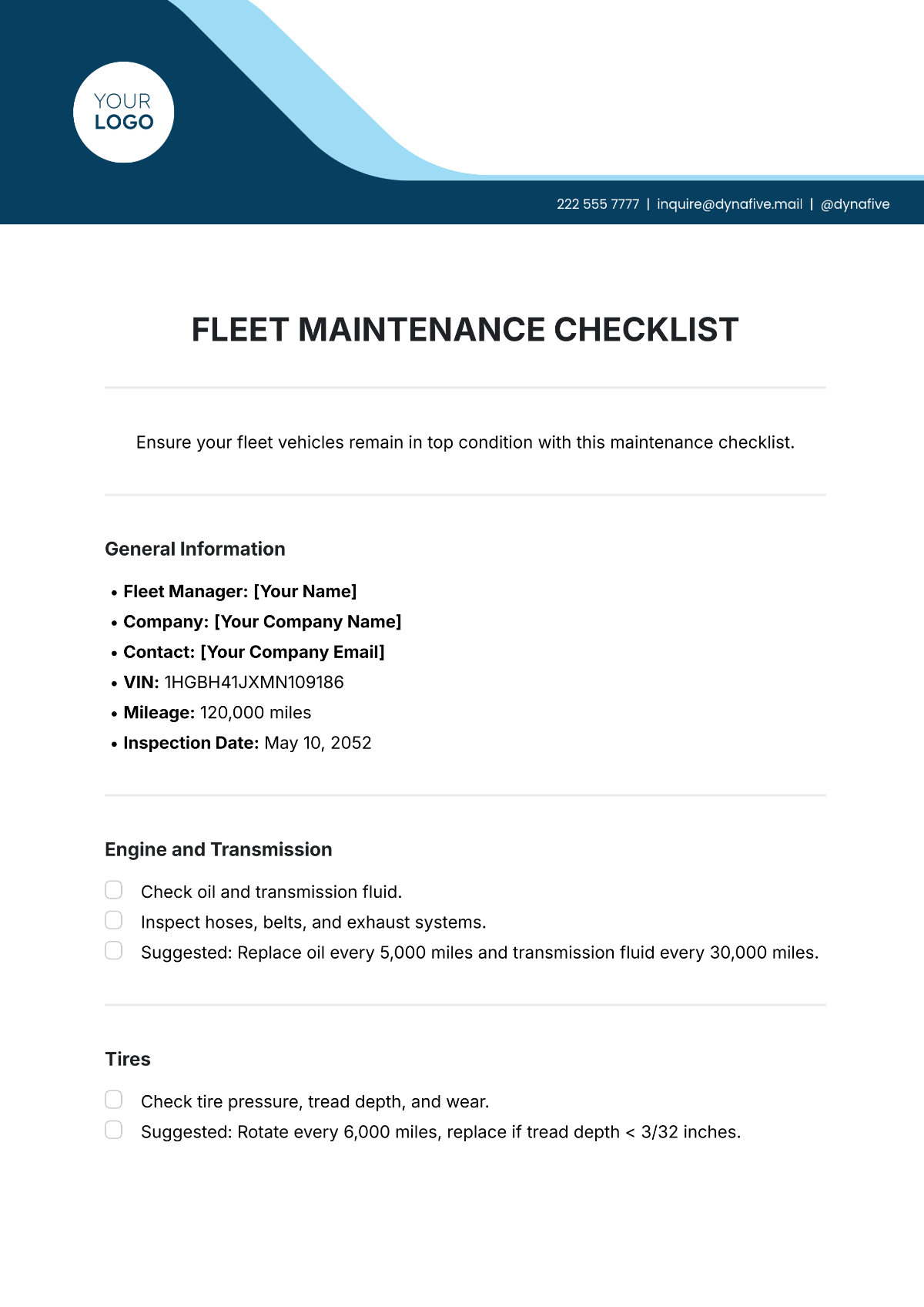 Fleet Maintenance Checklist Template - Edit Online & Download