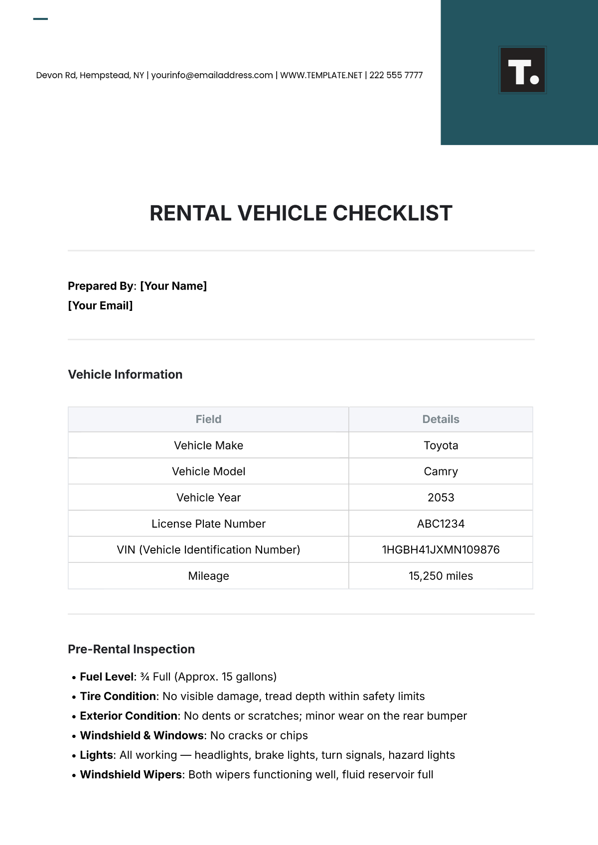 Rental Vehicle Checklist Template - Edit Online & Download