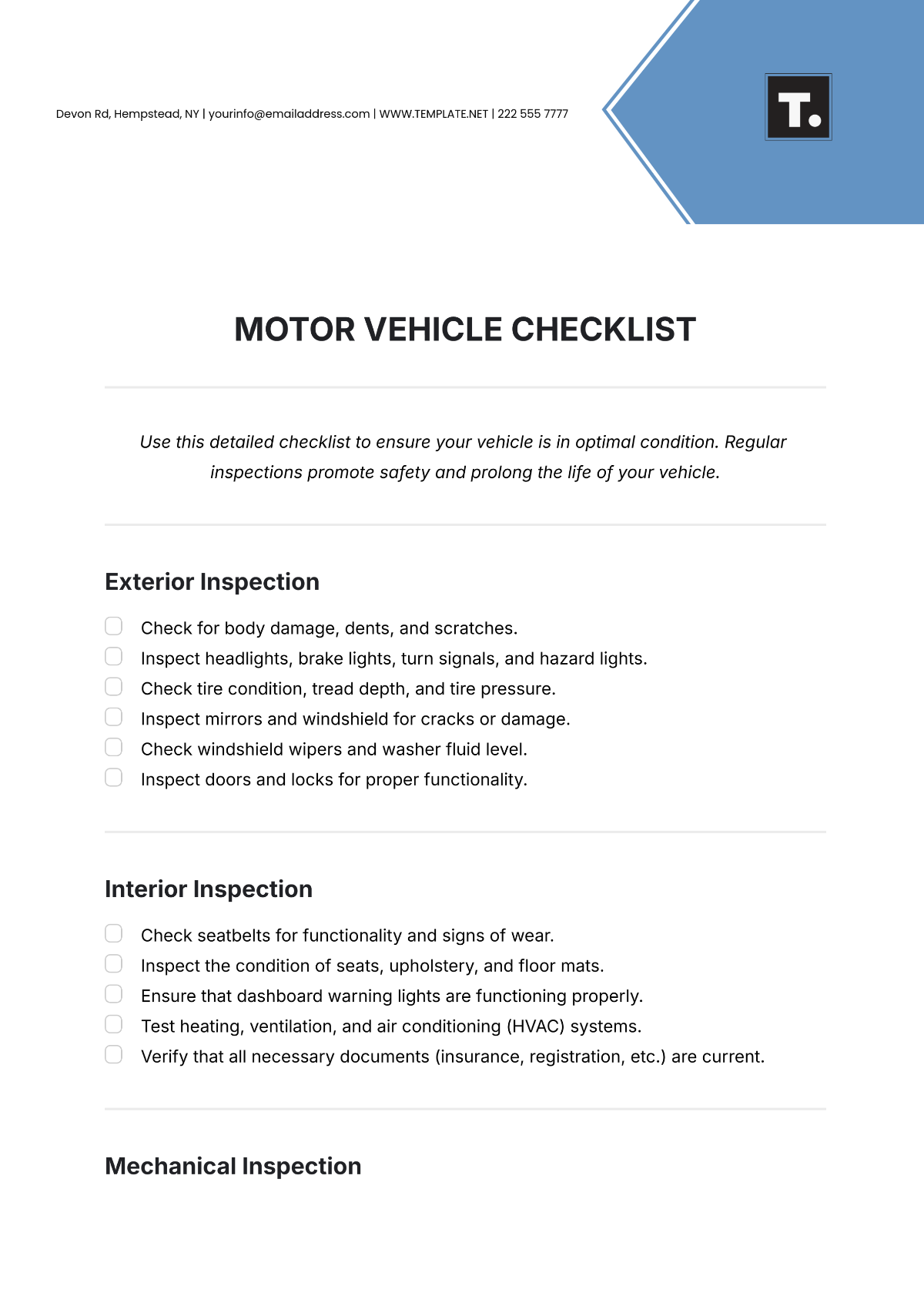 Motor Vehicle Checklist Template - Edit Online & Download