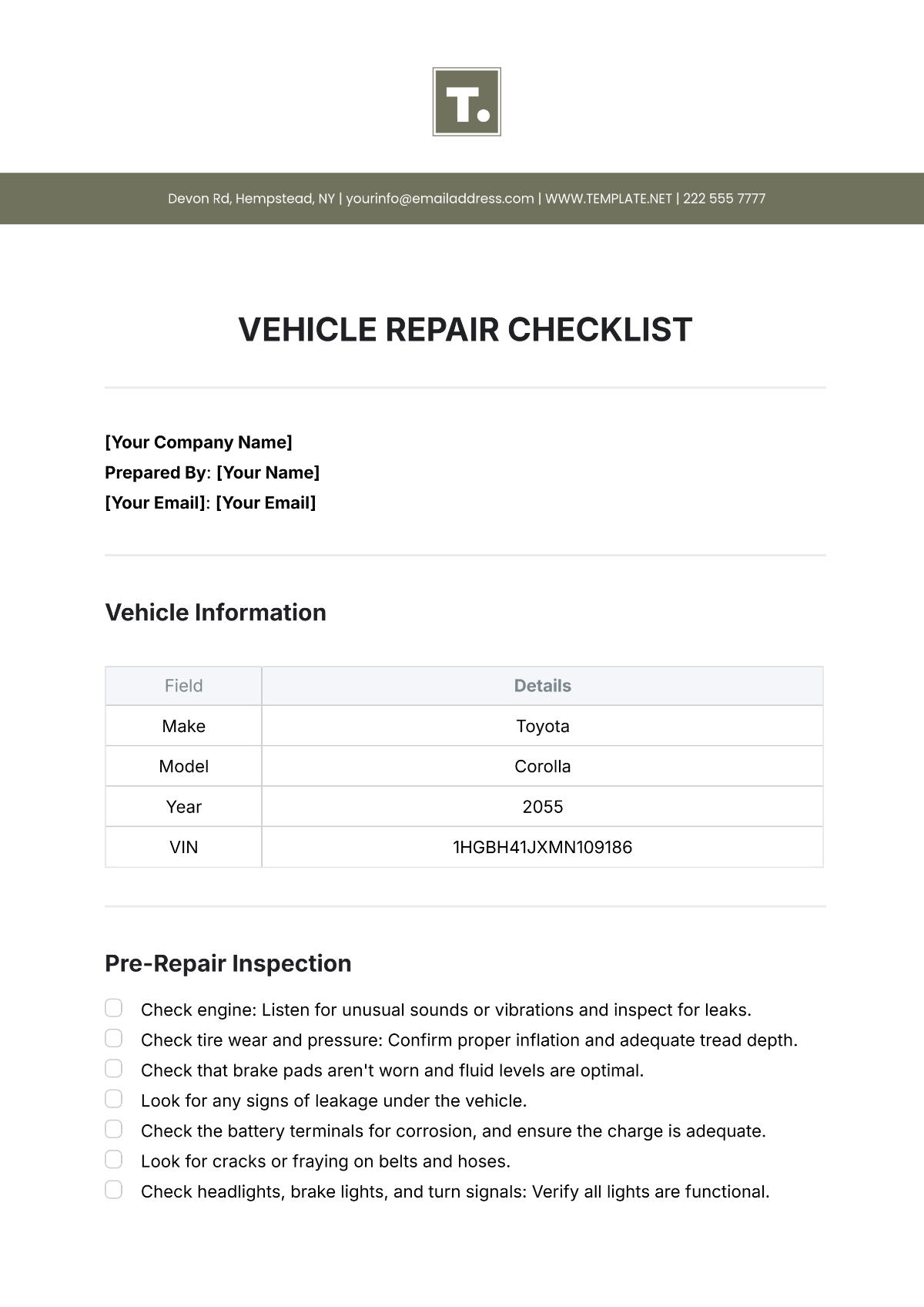 Vehicle Repair Checklist Template - Edit Online & Download