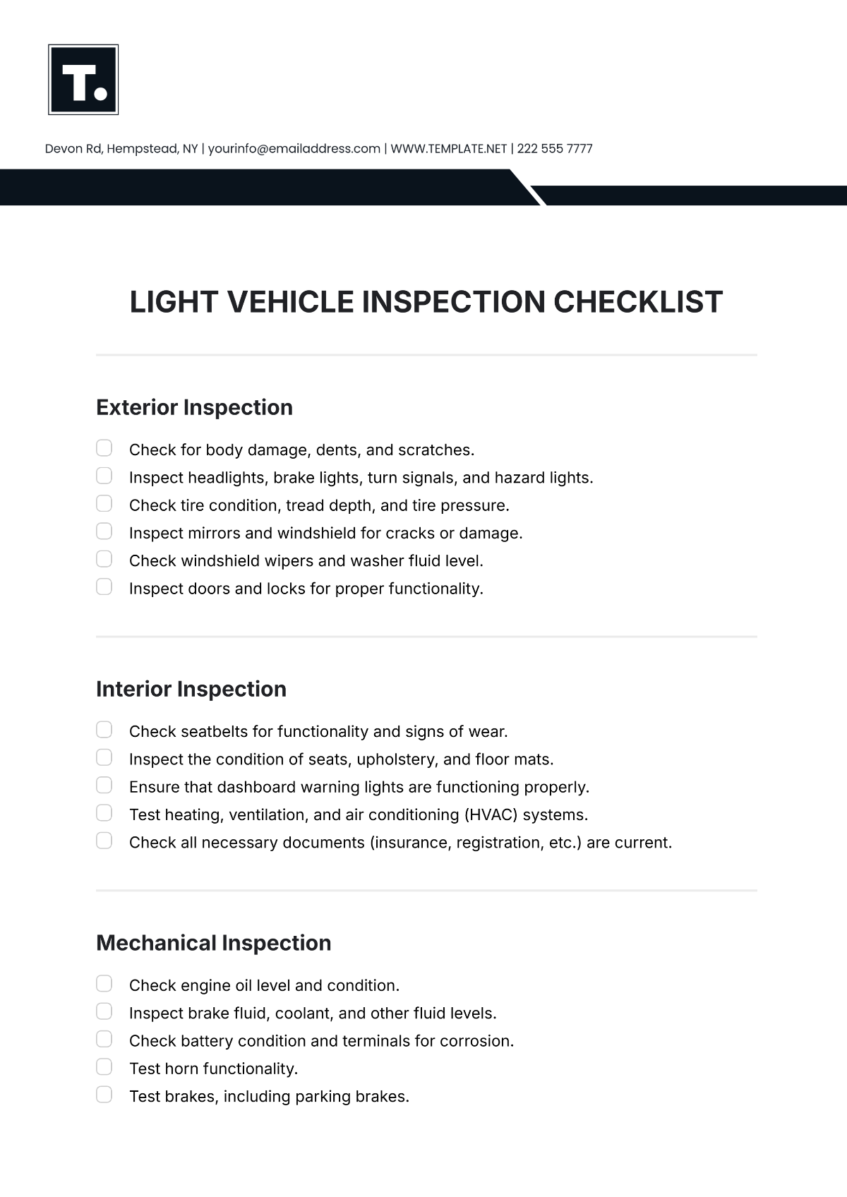 Light Vehicle Inspection Checklist Template - Edit Online & Download