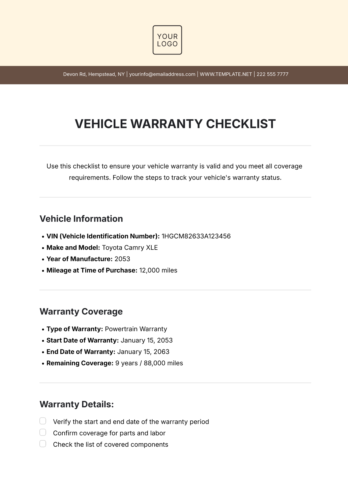 Vehicle Warranty Checklist Template - Edit Online & Download