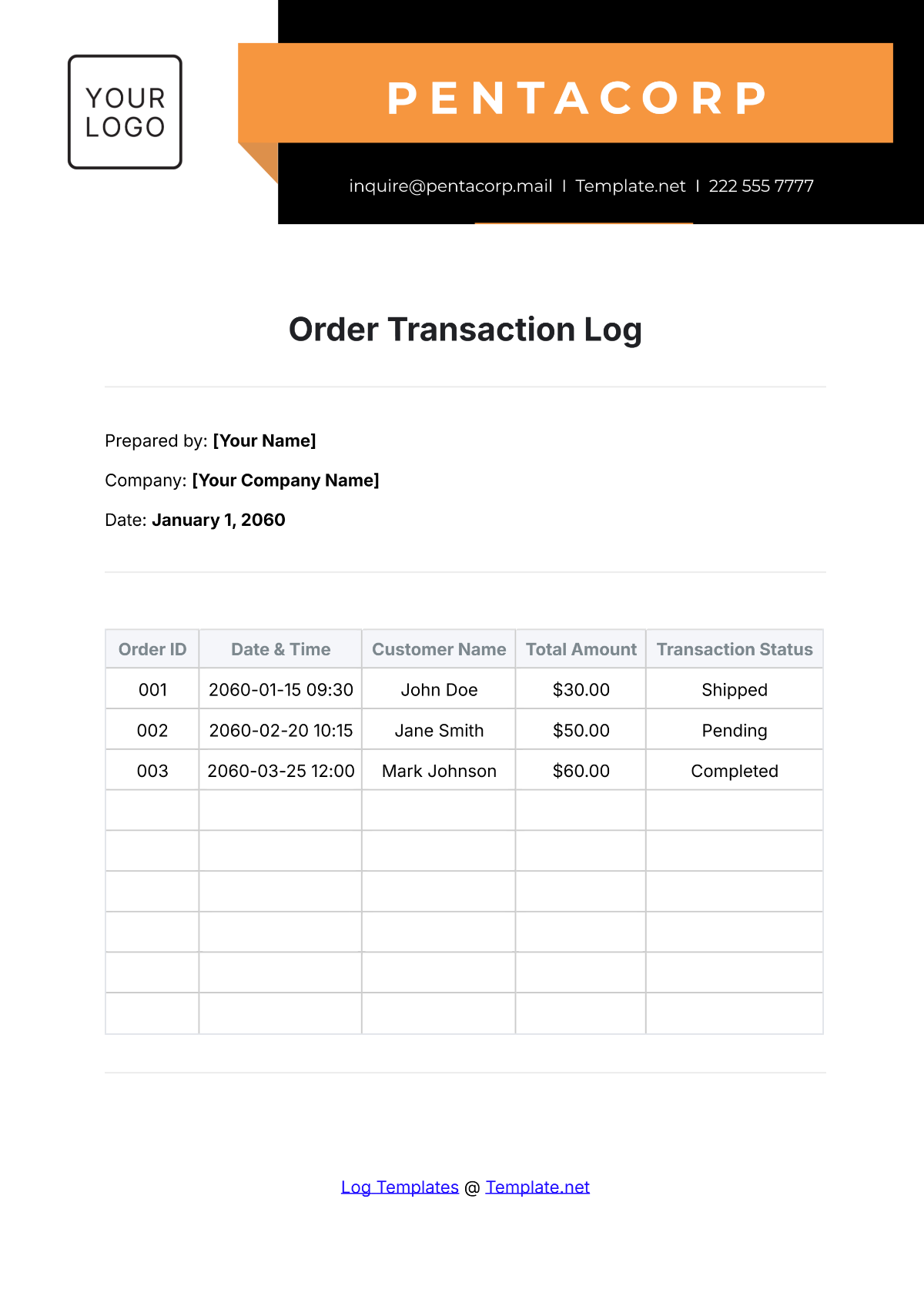 Order Transaction Log Template - Edit Online & Download