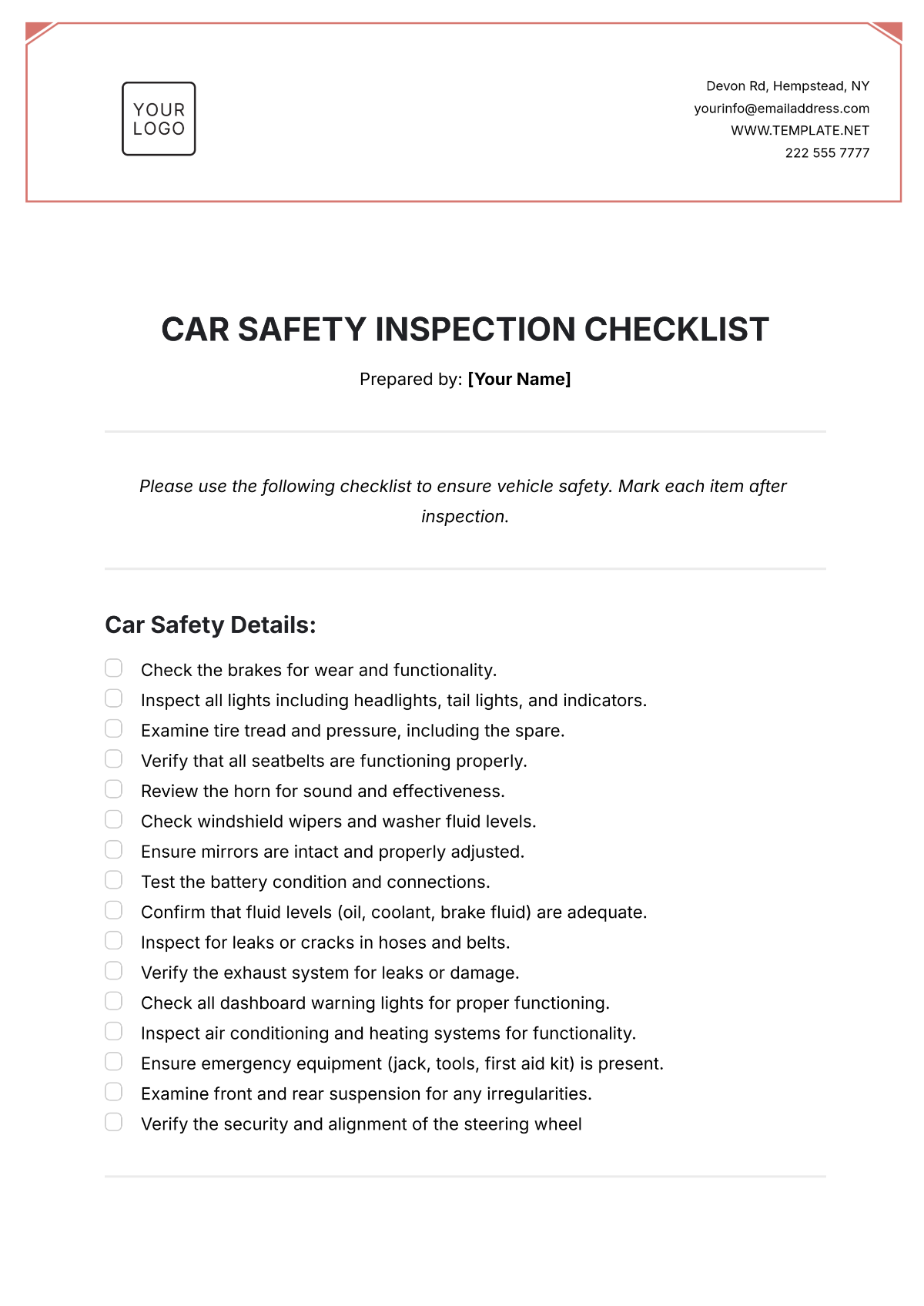 Car Safety Inspection Checklist Template - Edit Online & Download