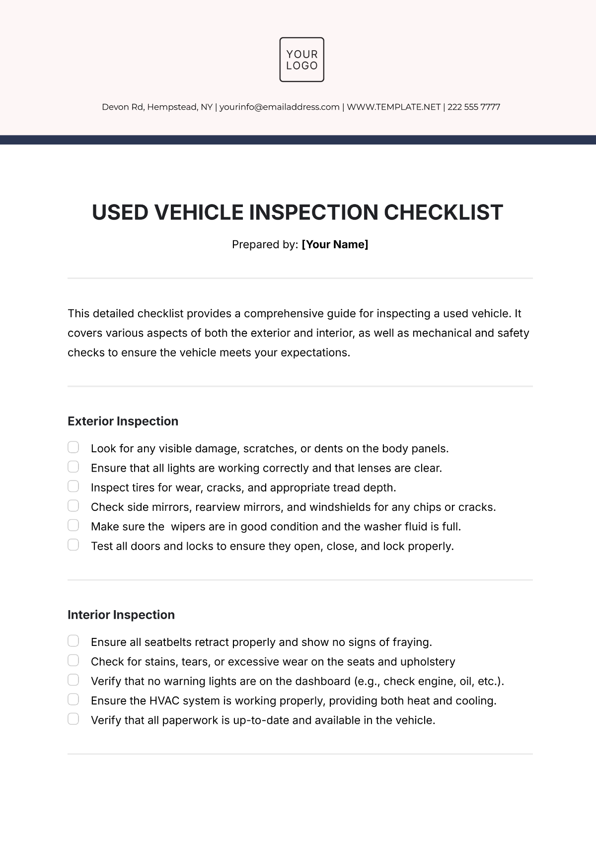 Used Vehicle Inspection Checklist Template - Edit Online & Download