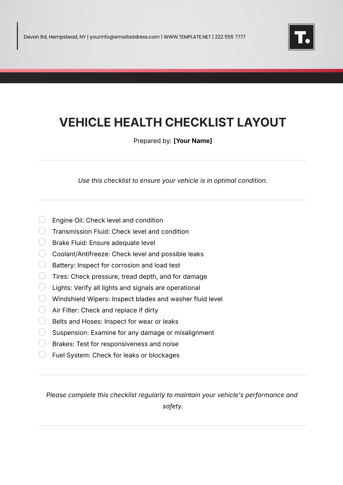 Vehicle Health Checklist Layout Template - Edit Online & Download