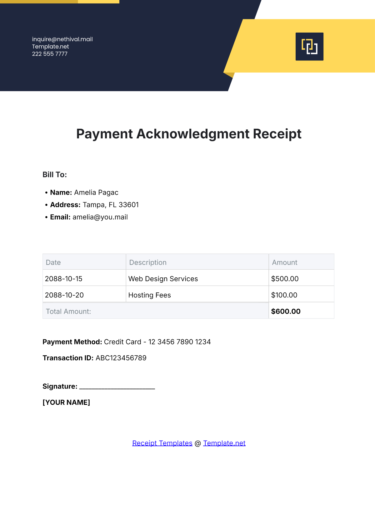 Payment Acknowledgment Receipt Template - Edit Online & Download