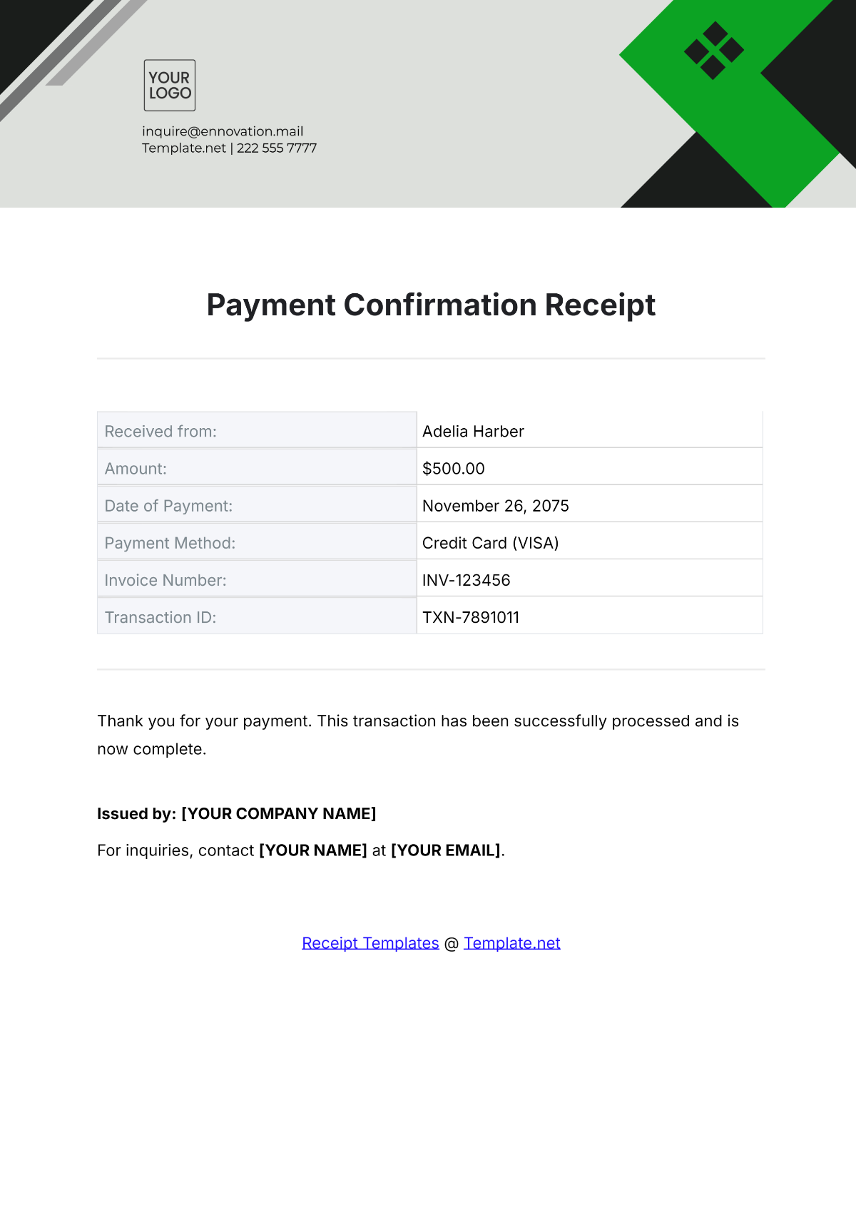 Payment Confirmation Receipt Template - Edit Online & Download